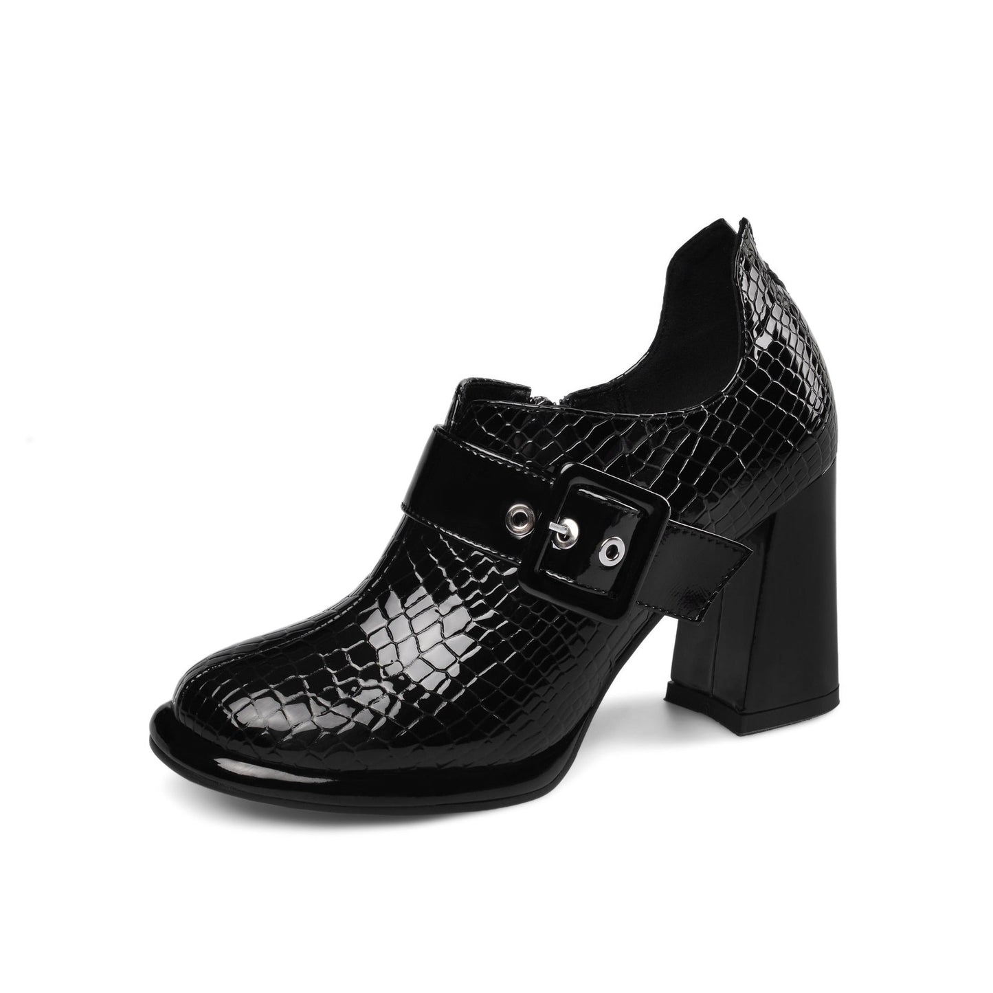 Nine Seven Women's Handmade Patent Leather Round Toe Zip Up High Chunky Heel Chic Pumps Shoes with Buckle