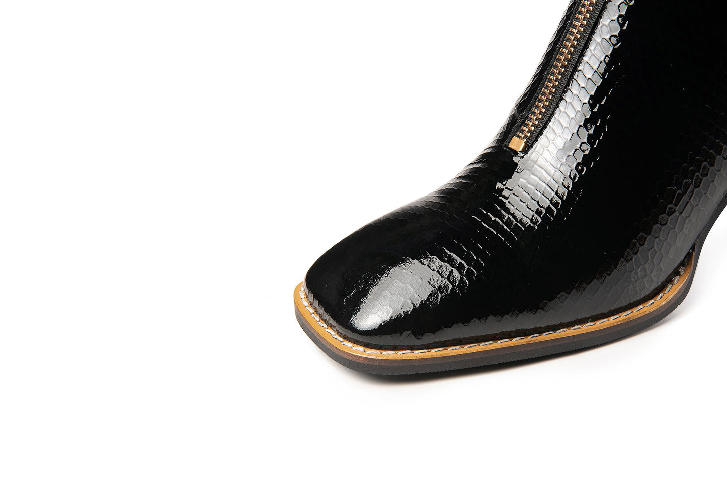 Nine Seven Genuine Leather Women's Handmade Chunky Heel Side Zip Up Square Toe Ankle Boots with Front Zipper Decor