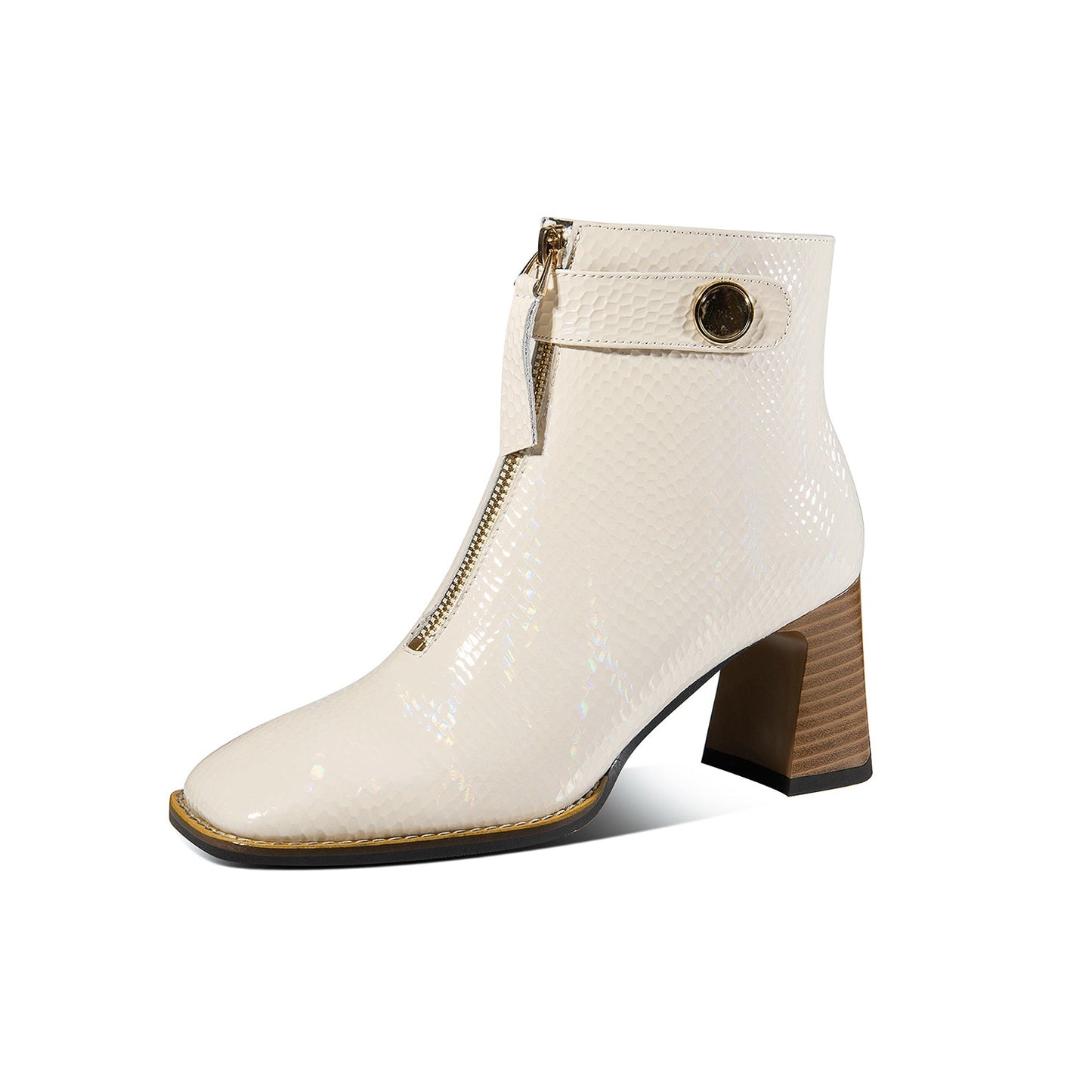 Nine Seven Genuine Leather Women's Handmade Chunky Heel Side Zip Up Square Toe Ankle Boots with Front Zipper Decor