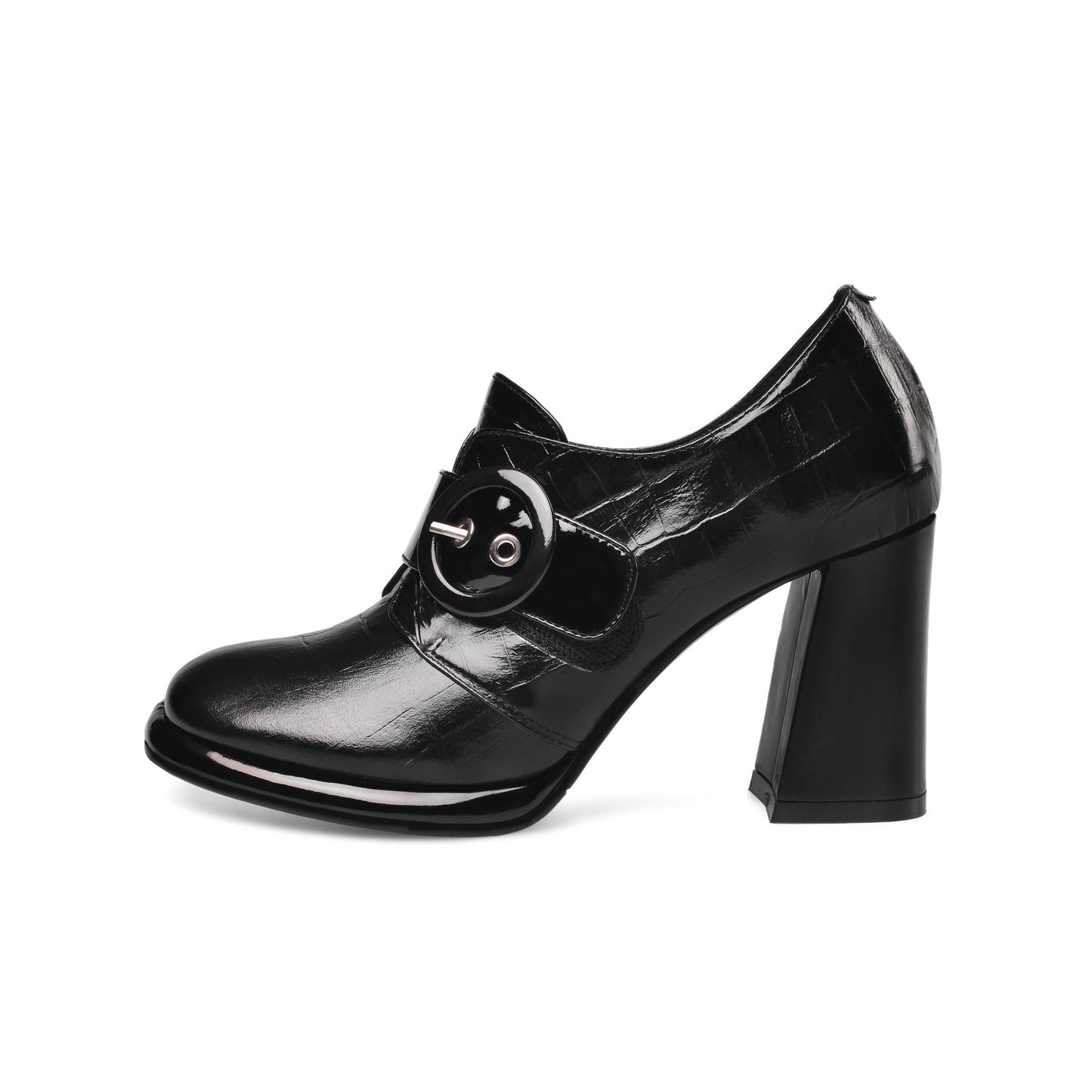 Nine Seven Women's Handmade Genuine Leather Round Toe Buckled Trendy Platform High Chunky Heel Slip On Pumps