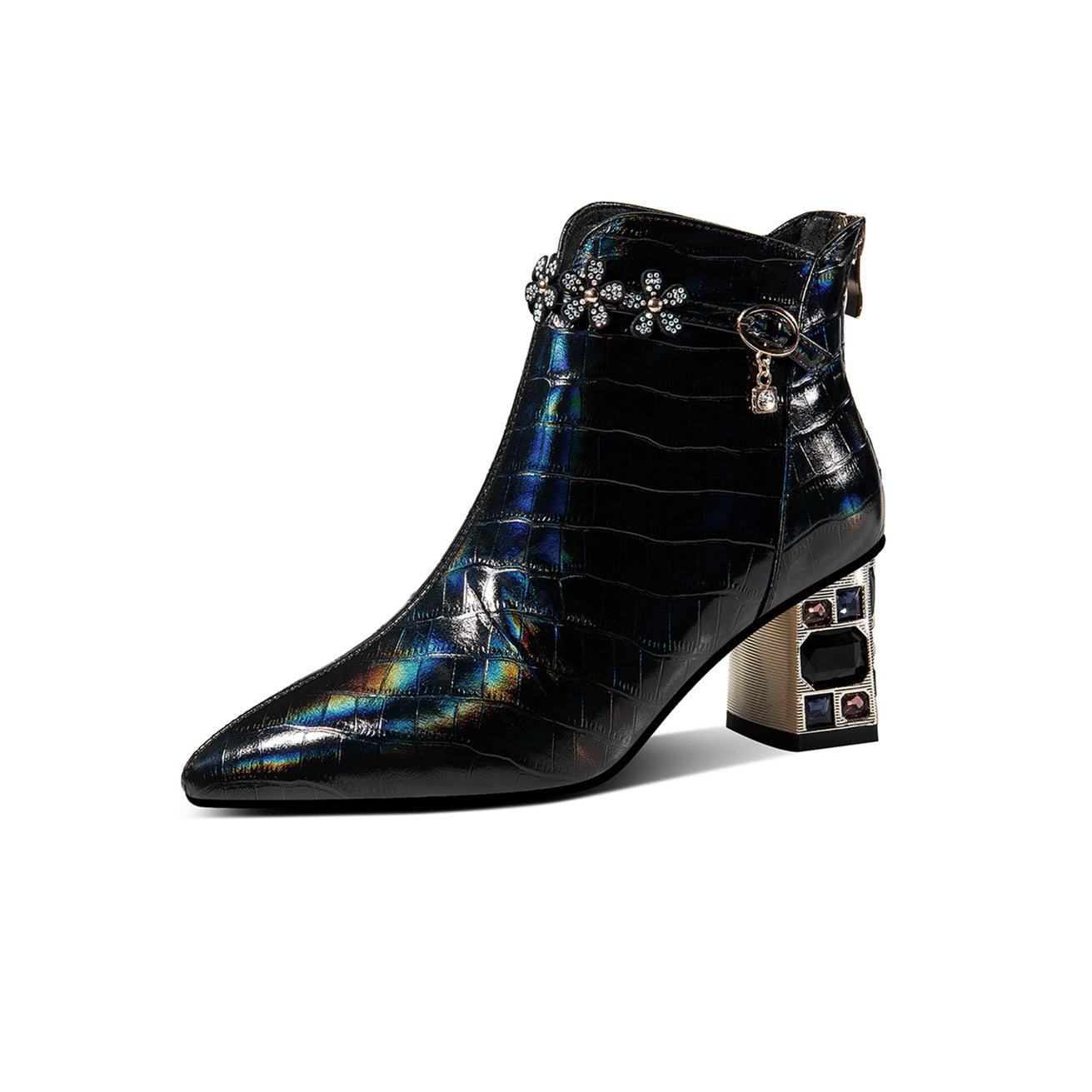 Nine Seven Genuine Leather Women's Handmade Crystal Chunky Heel Pointed Toe Back zip Up Floral Belt Ankle Booties