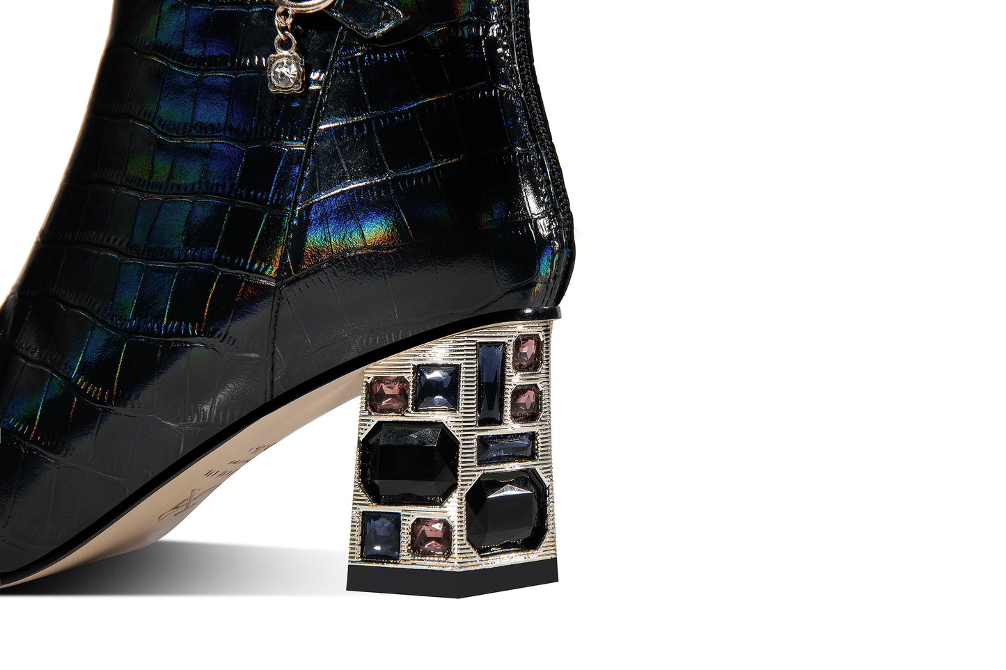 Nine Seven Genuine Leather Women's Handmade Crystal Chunky Heel Pointed Toe Back zip Up Floral Belt Ankle Booties