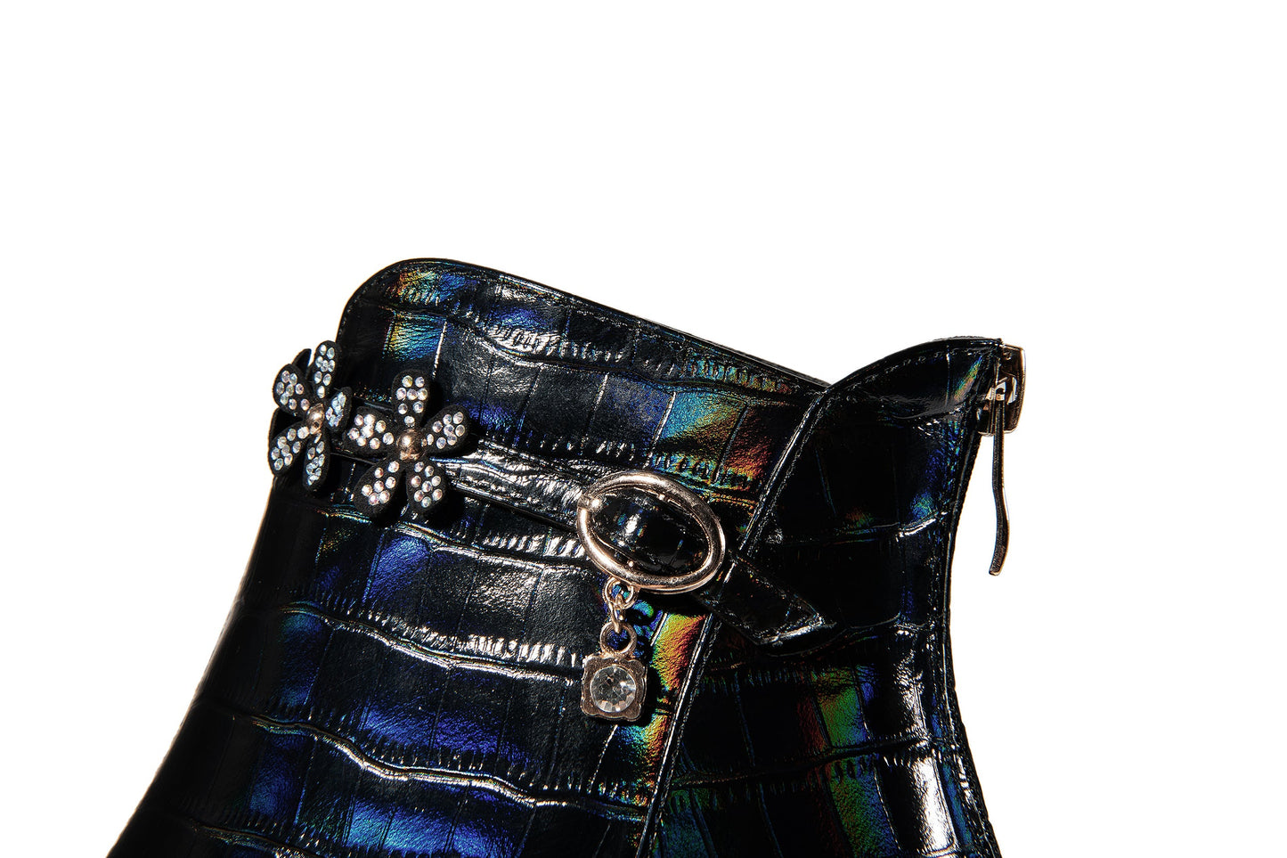 Nine Seven Genuine Leather Women's Handmade Crystal Chunky Heel Pointed Toe Back zip Up Floral Belt Ankle Booties