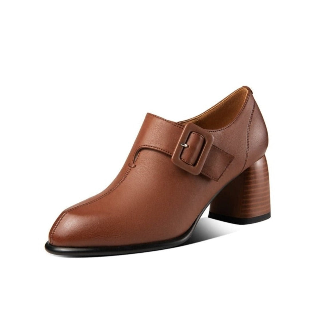 Nine Seven Genuine Leather Women's Handmade Block Heel Side Zip Up Oxford Pumps with Modern Buckle