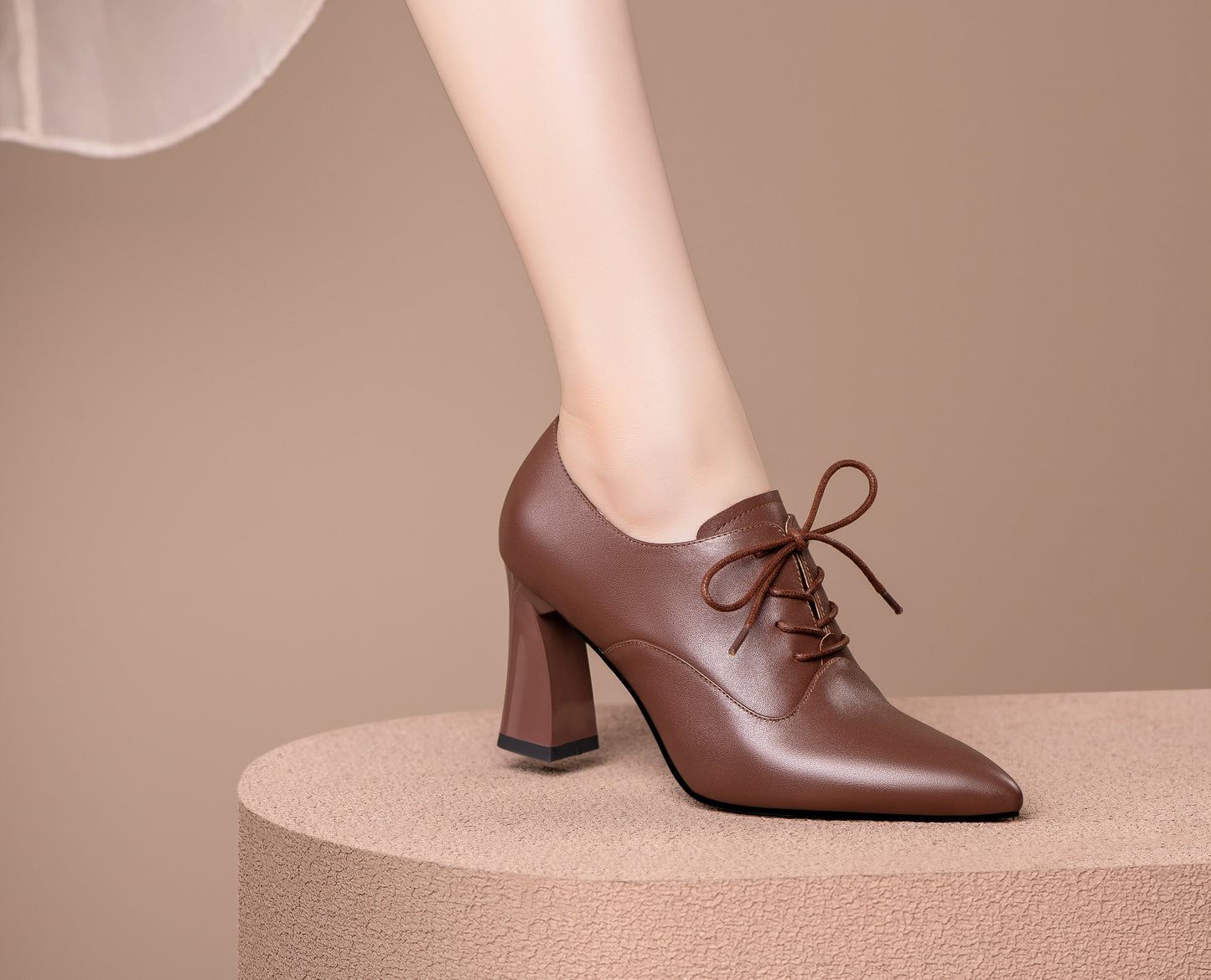 Nine Seven Women's Genuine Leather Handmade Pointed Toe High Chunky Heel Lace Up Stylish Oxford Pumps