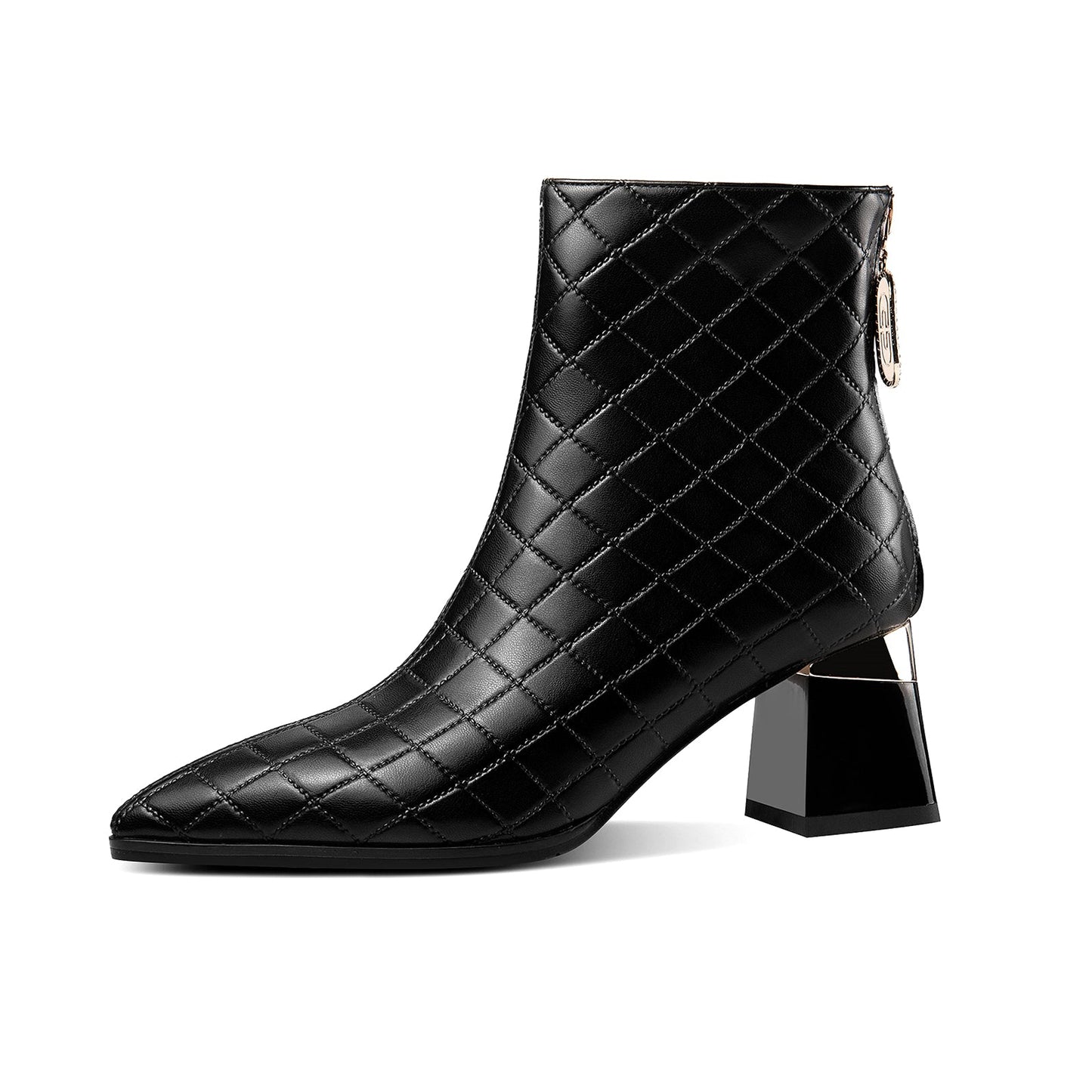 Nine Seven Genuine Leather Women's Handmade Pointed Toe Checkered Chunky Heel Back Zip Up Ankle Boots