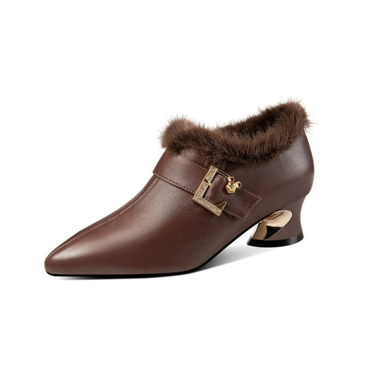 Nine Seven Women's Genuine Leather Handmade Spool Heel Side Zip Up Pointed Toe Chic Buckle Oxford Pumps with Fur Decor