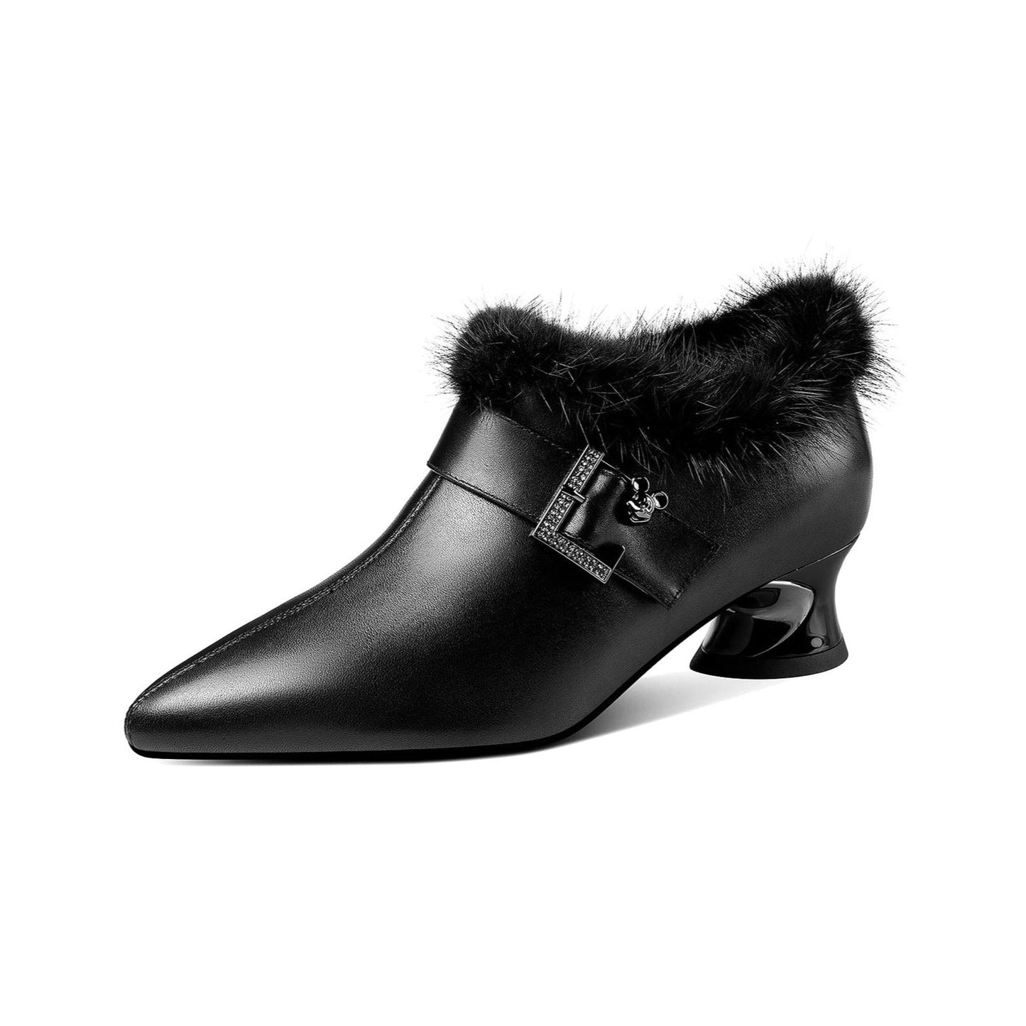 Nine Seven Women's Genuine Leather Handmade Spool Heel Side Zip Up Pointed Toe Chic Buckle Oxford Pumps with Fur Decor
