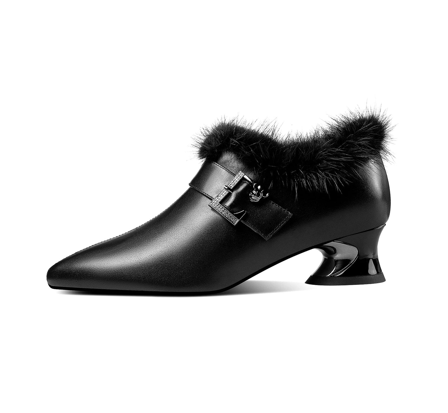 Nine Seven Women's Genuine Leather Handmade Spool Heel Side Zip Up Pointed Toe Chic Buckle Oxford Pumps with Fur Decor