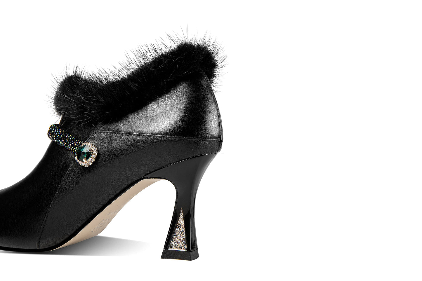 Nine Seven Women's Handmade Genuine Leather and Fur Side Zip Up High Heel Pointed Toe Oxford Pumps with Green Crystal Decor