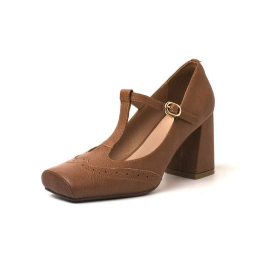 Nine Seven Handmade Women's Genuine Leather T-Strap Buckle Square Toe High Block Heel Mary Janes Pumps Shoes