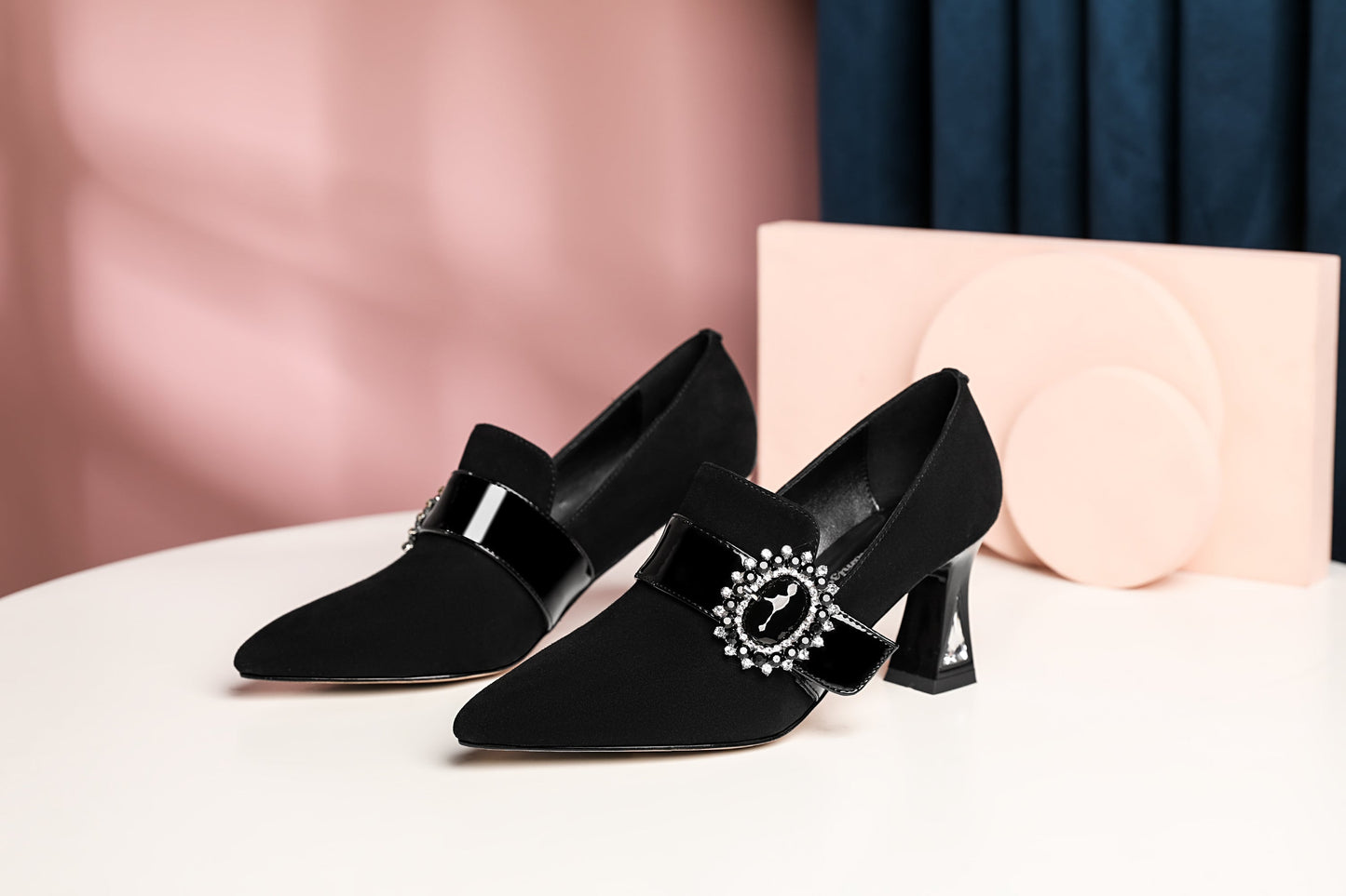 Nine Seven Women's Handmade Suede Leather Mid Chunky Heel Pointed Toe Slip On Pumps with Glossy Buckle Decor