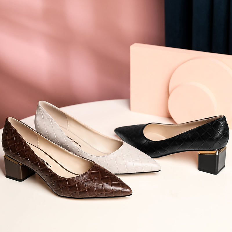 Nine Seven Glossy Genuine Leather Women's Handmade Pointed Toe Spool Heel Golden Square Pattern Decor Slip On Loafer Pumps