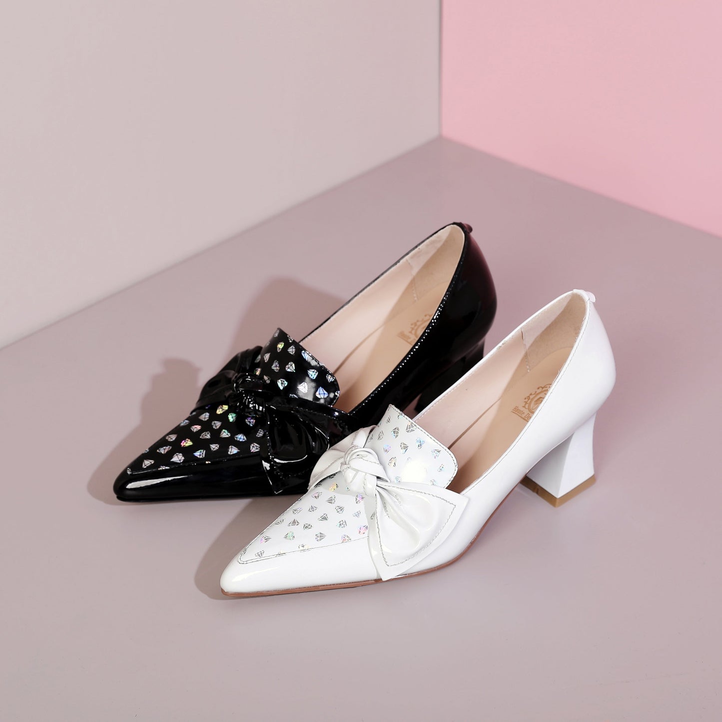 Nine Seven Glossy Patent Leather Women's Handmade Pointed Toe Dots Decor Spool Heel Pumps with Bowknot