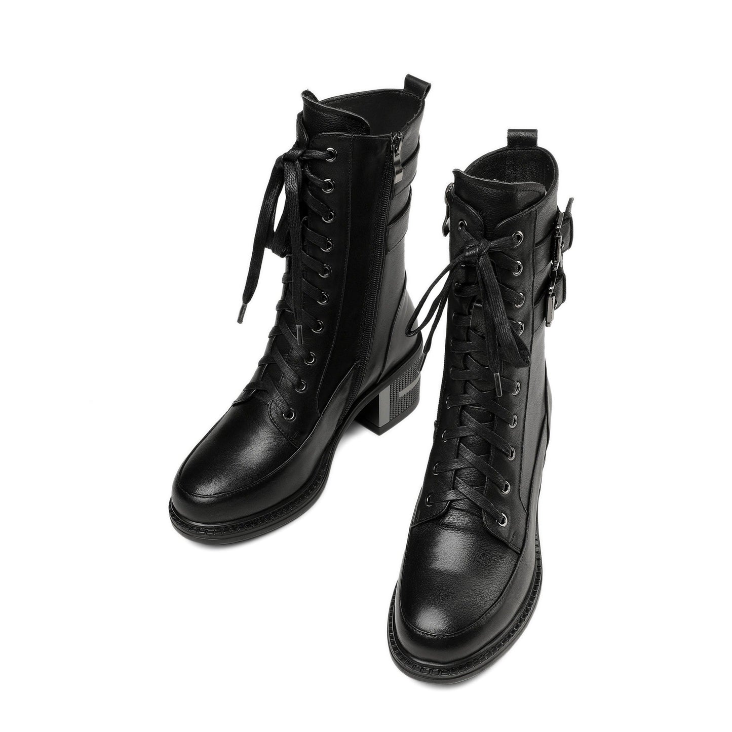 Nine Seven Genuine Leather Round Toe Lace Up Side Zipper Handmade Buckles Mid Chunky Heels Stylish Women's Mid-Calf Boots
