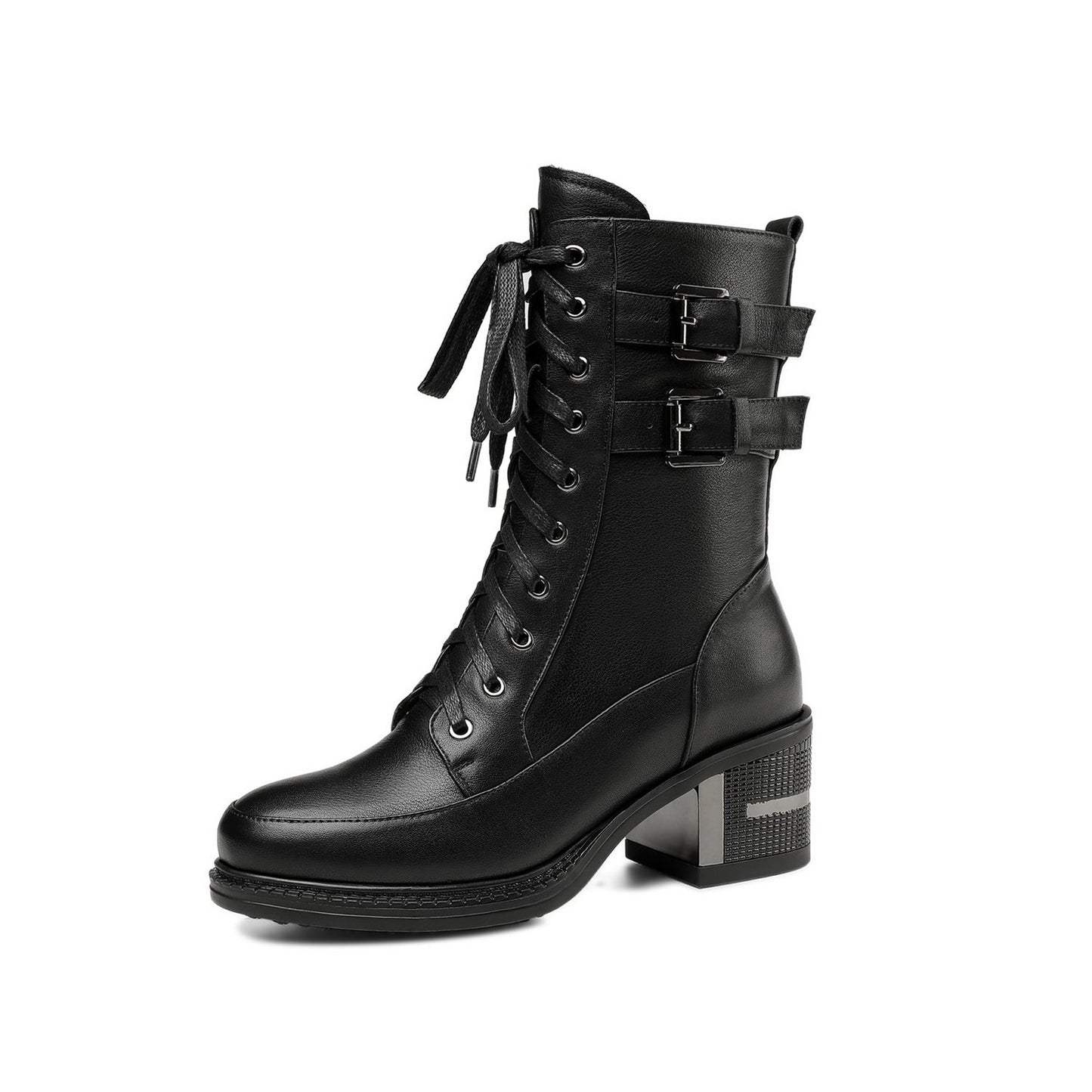 Nine Seven Genuine Leather Round Toe Lace Up Side Zipper Handmade Buckles Mid Chunky Heels Stylish Women's Mid-Calf Boots