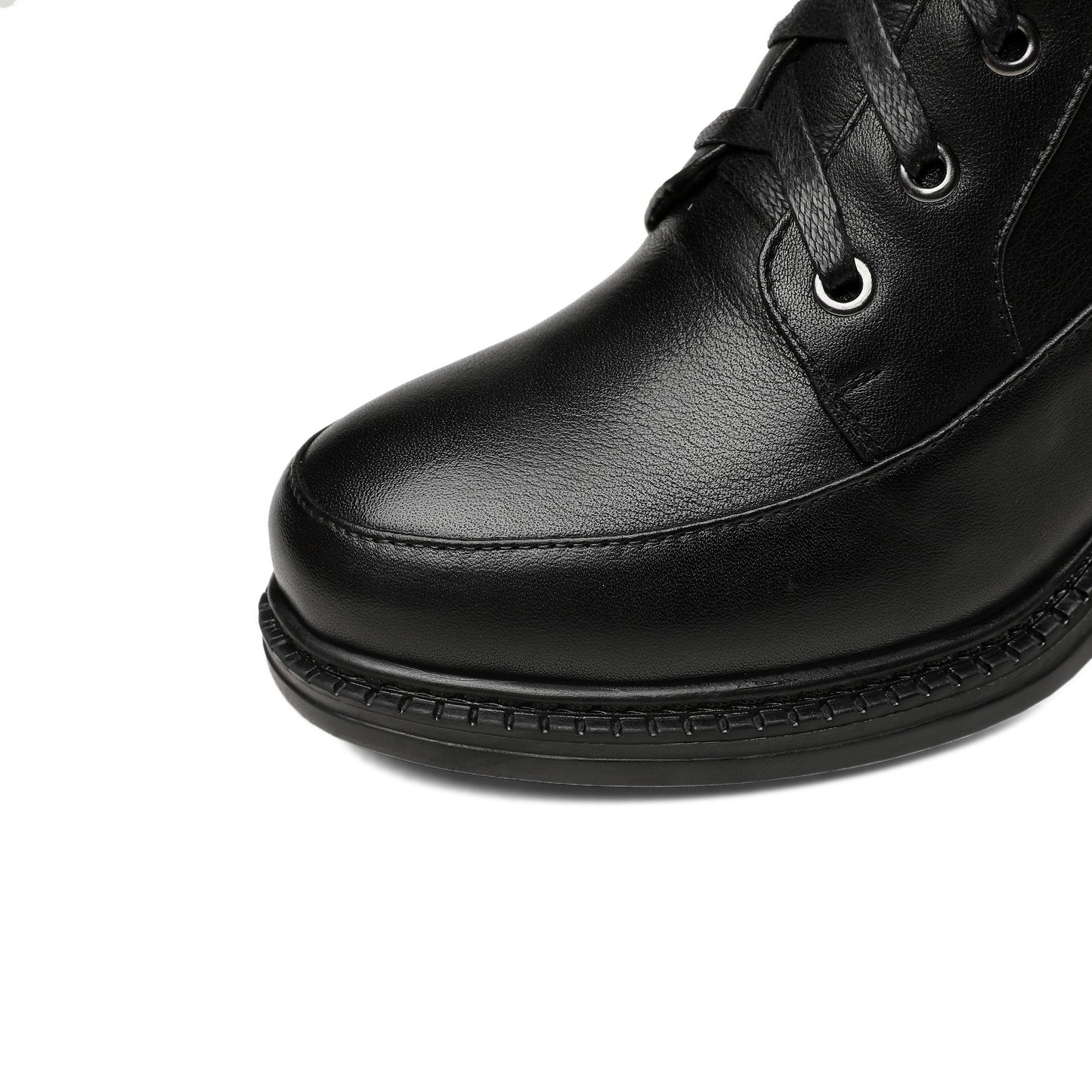 Nine Seven Genuine Leather Round Toe Lace Up Side Zipper Handmade Buckles Mid Chunky Heels Stylish Women's Mid-Calf Boots