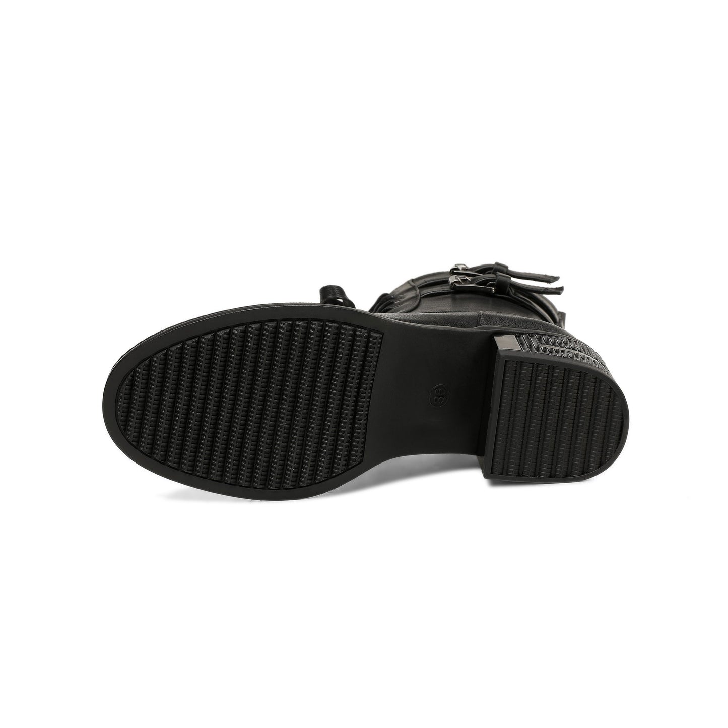 Nine Seven Genuine Leather Round Toe Lace Up Side Zipper Handmade Buckles Mid Chunky Heels Stylish Women's Mid-Calf Boots