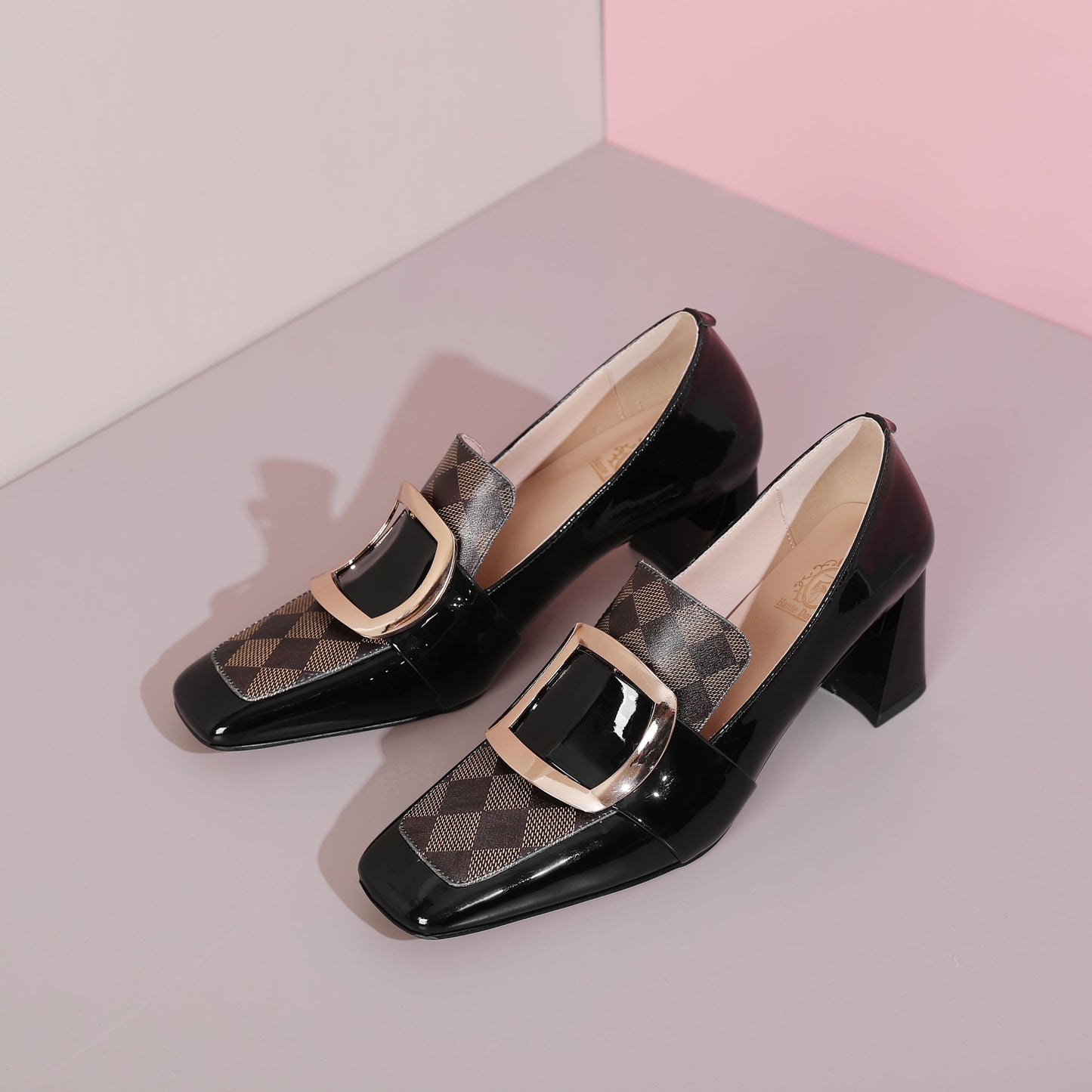 Nine Seven Patent Leather Women's Handmade Metal Square Pattern Design Classic Chunky Heel Loafer Pumps