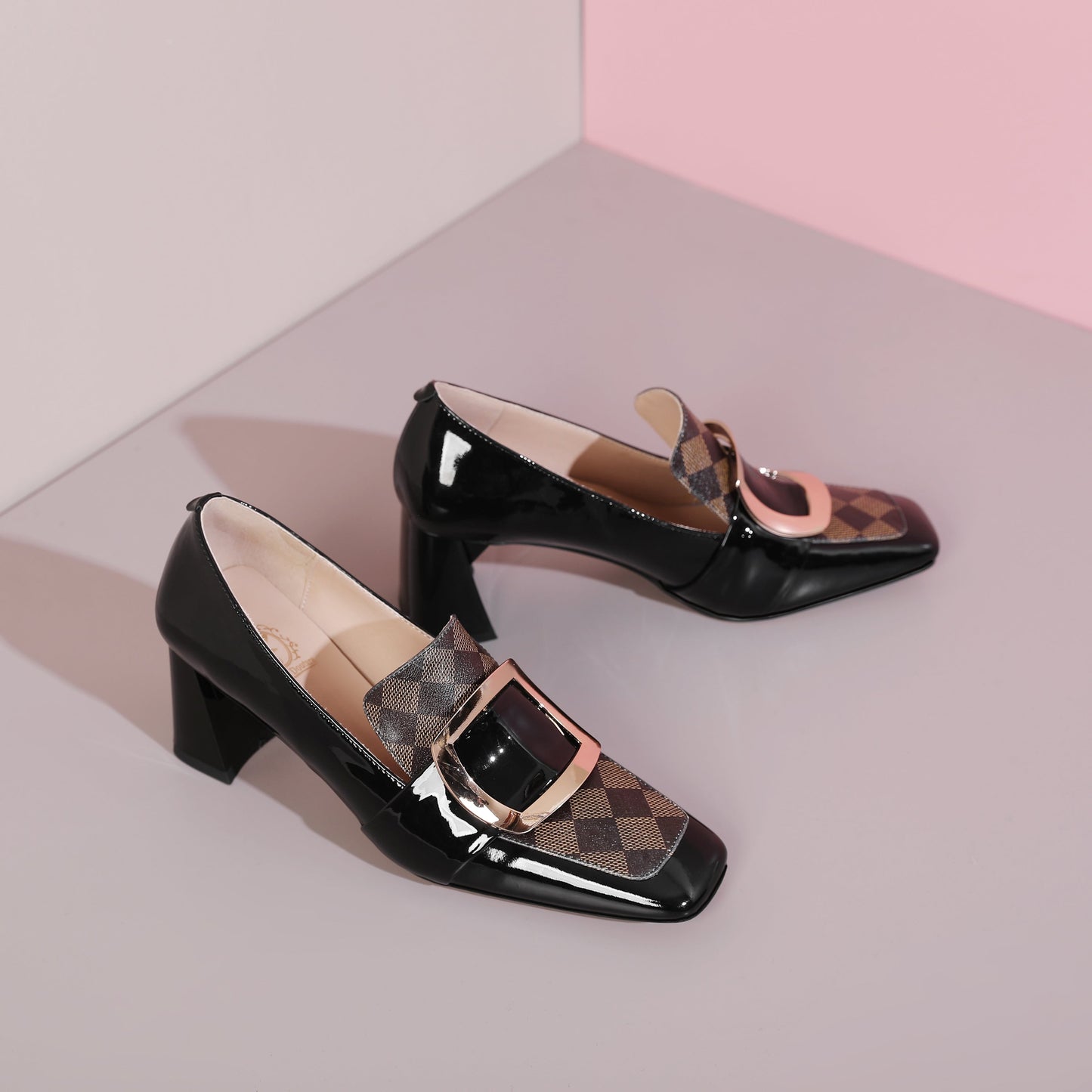 Nine Seven Patent Leather Women's Handmade Metal Square Pattern Design Classic Chunky Heel Loafer Pumps