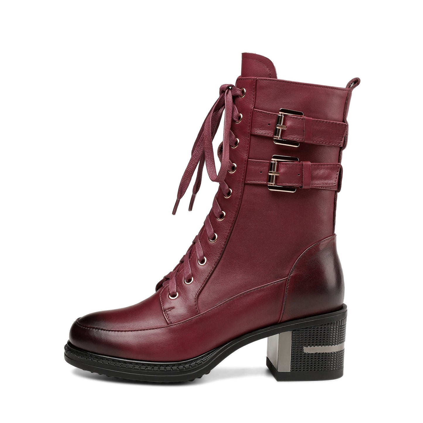 Nine Seven Genuine Leather Round Toe Lace Up Side Zipper Handmade Buckles Mid Chunky Heels Stylish Women's Mid-Calf Boots