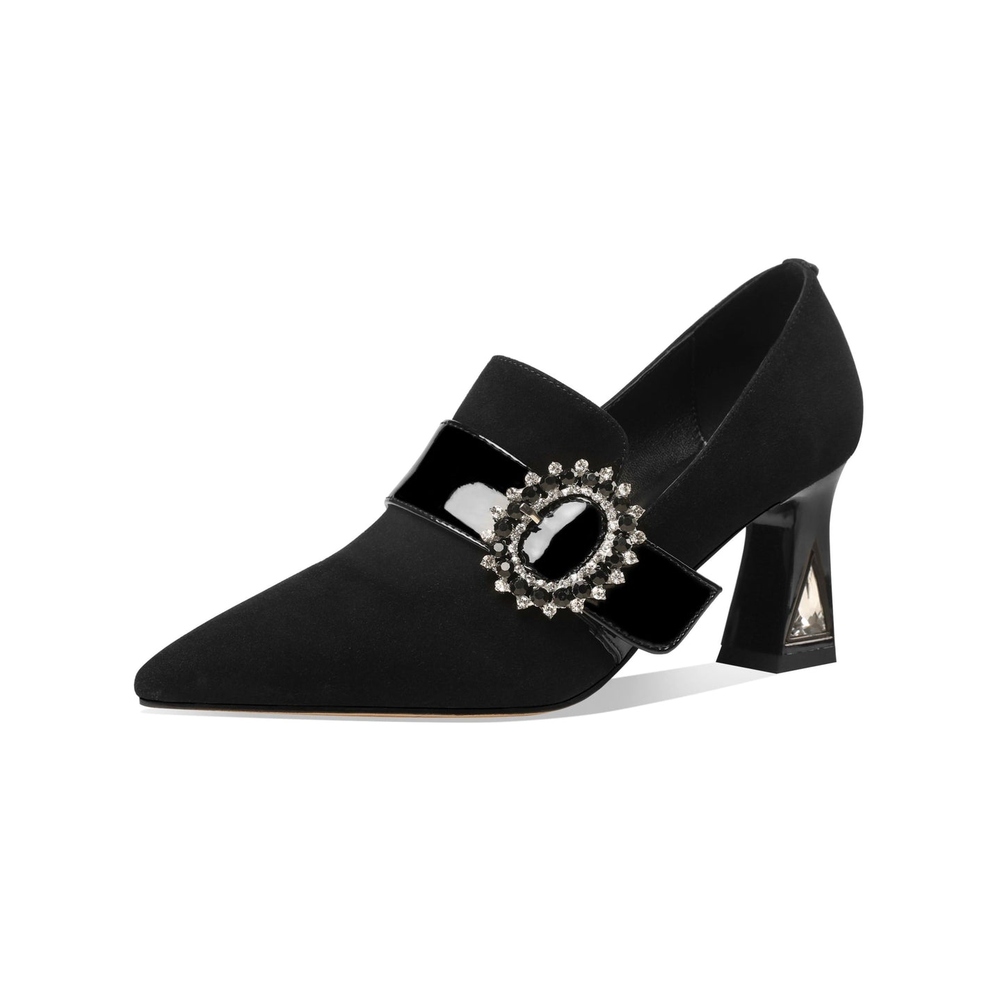 Nine Seven Women's Handmade Suede Leather Mid Chunky Heel Pointed Toe Slip On Pumps with Glossy Buckle Decor