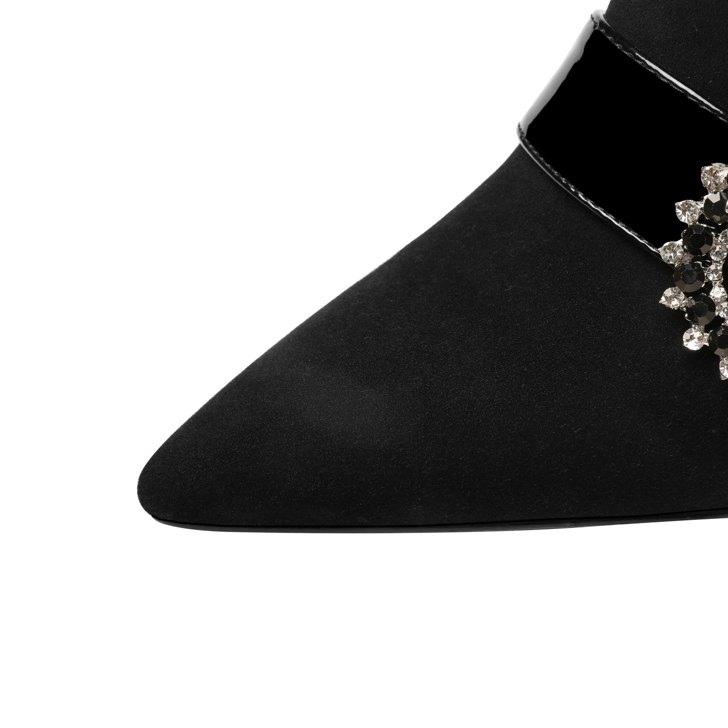 Nine Seven Women's Handmade Suede Leather Mid Chunky Heel Pointed Toe Slip On Pumps with Glossy Buckle Decor