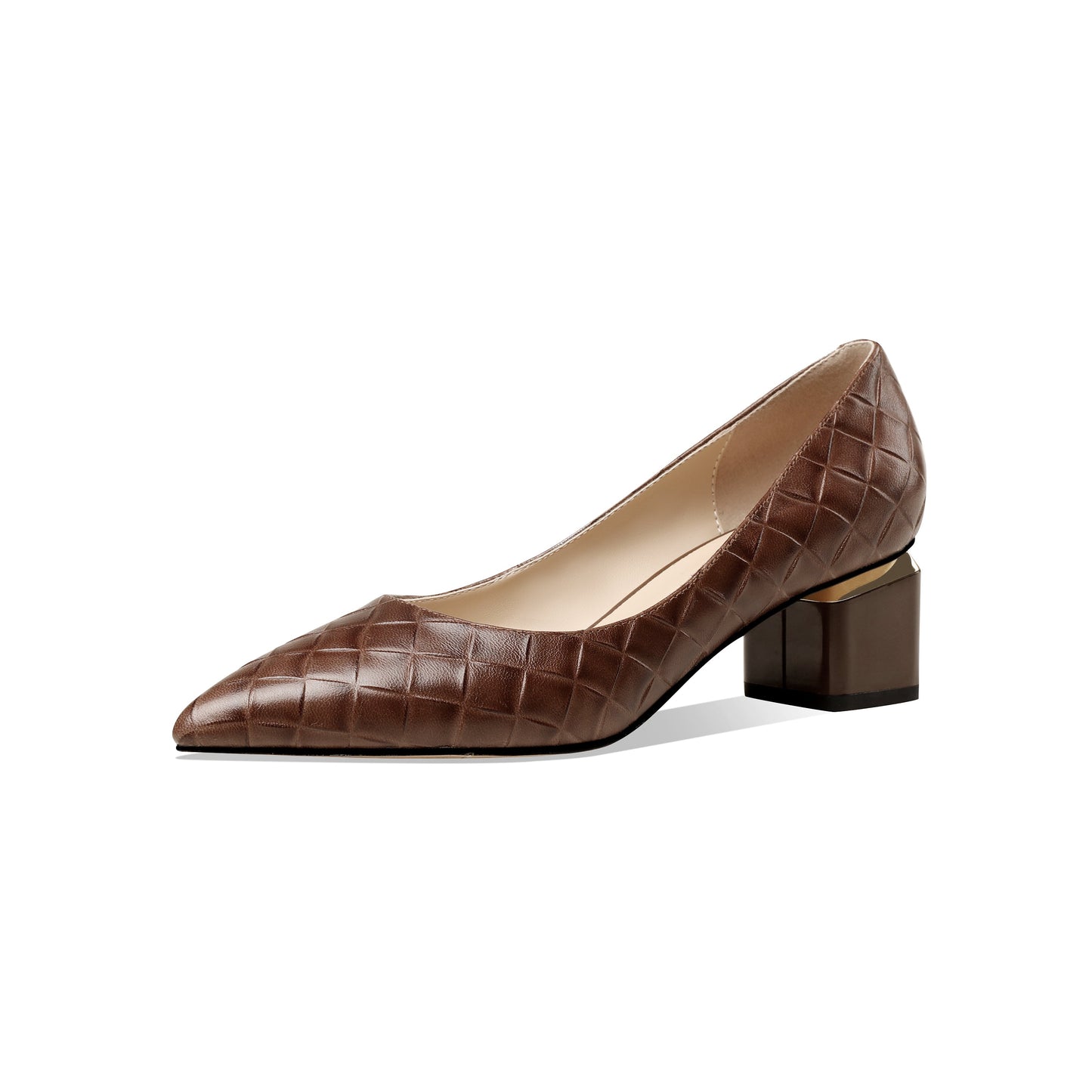 Nine Seven Glossy Genuine Leather Women's Handmade Pointed Toe Spool Heel Golden Square Pattern Decor Slip On Loafer Pumps