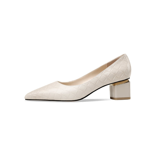 Nine Seven Glossy Genuine Leather Women's Handmade Pointed Toe Spool Heel Golden Square Pattern Decor Slip On Loafer Pumps