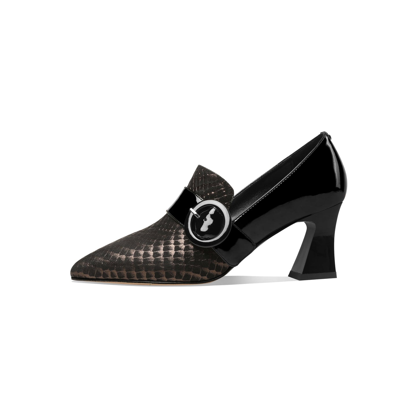 Nine Seven Patent and Genuine Leather Women's Handmade Pointed Toe Modern Buckle Decor Mid Spool Heel Slip On Pump Shoes