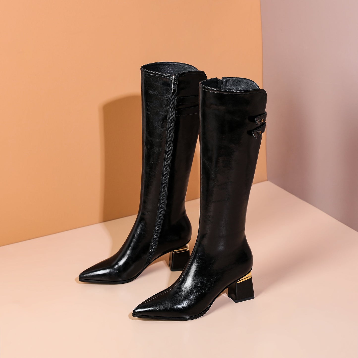 Nine Seven Women's Genuine Leather Handmade Pointed Toe Side Zip Up Comfortable Chunky Heel Knee High Dressy Boots