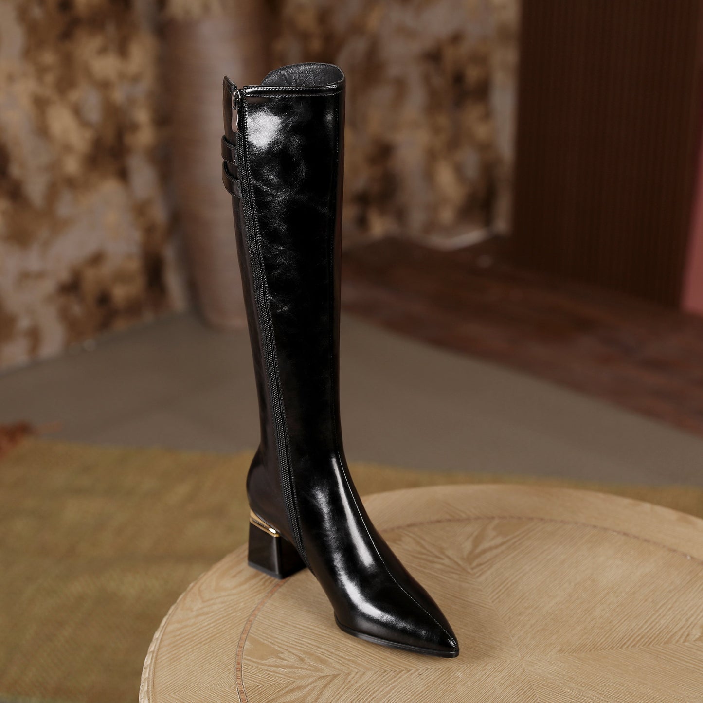 Nine Seven Women's Genuine Leather Handmade Pointed Toe Side Zip Up Comfortable Chunky Heel Knee High Dressy Boots