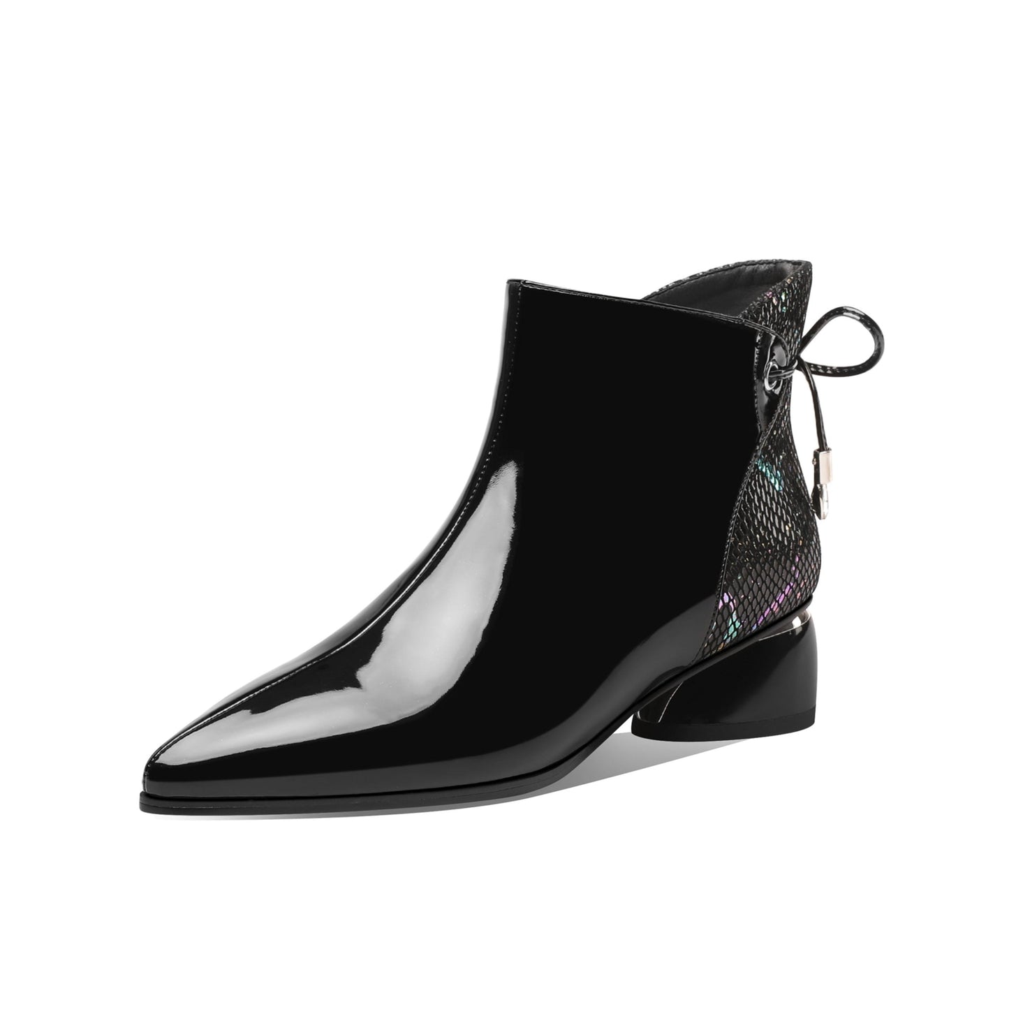 Nine Seven Patent Leather Women's Handmade Comfortable Block Heel Side Zip Up Pointed Toe Cute Bowtie Ankle Booties