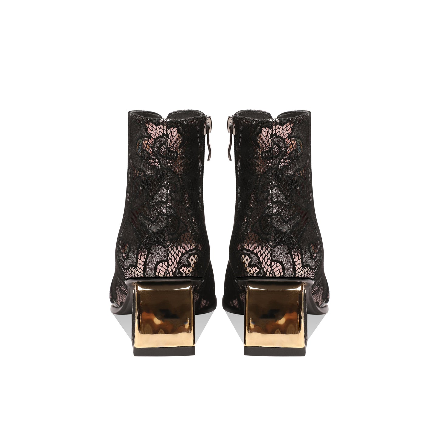 Nine Seven Women's Handmade Patent Genuine Leather Block Heel Side Zip Up Floral Mesh Hollow Ankle Boots with Heart Decor