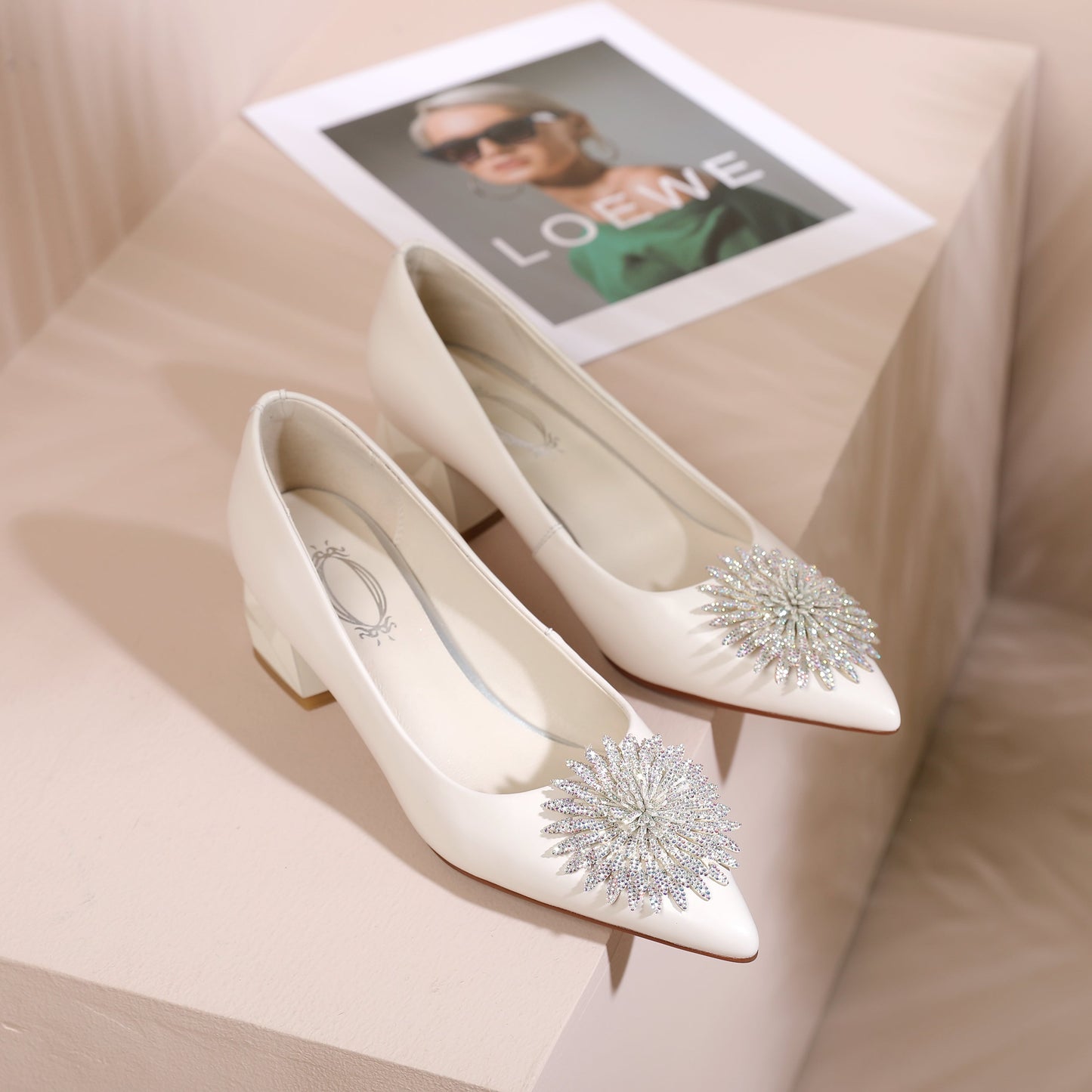 Nine Seven Women's Pointed Toe Genuine/Suede Leather Handmade Rhinestone Floral Decor Low Chunky Heel Pumps Shoes