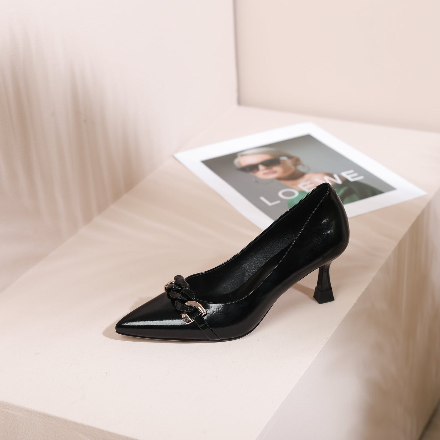 Nine Seven Women's Pointed Toe Handmade Chain Décor Patent Leather Stiletto Mid Heels Stylish Pumps Shoes