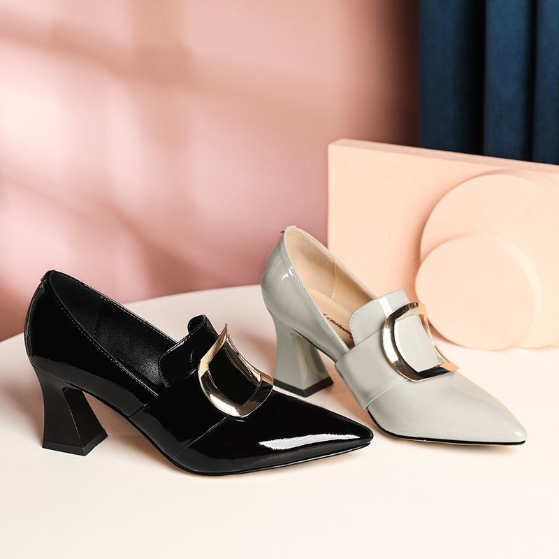 Nine Seven Glossy Patent Leather Women's Handmade Pointed Toe Spool Heel Golden Square Pattern Decor Slip On Loafer Pumps