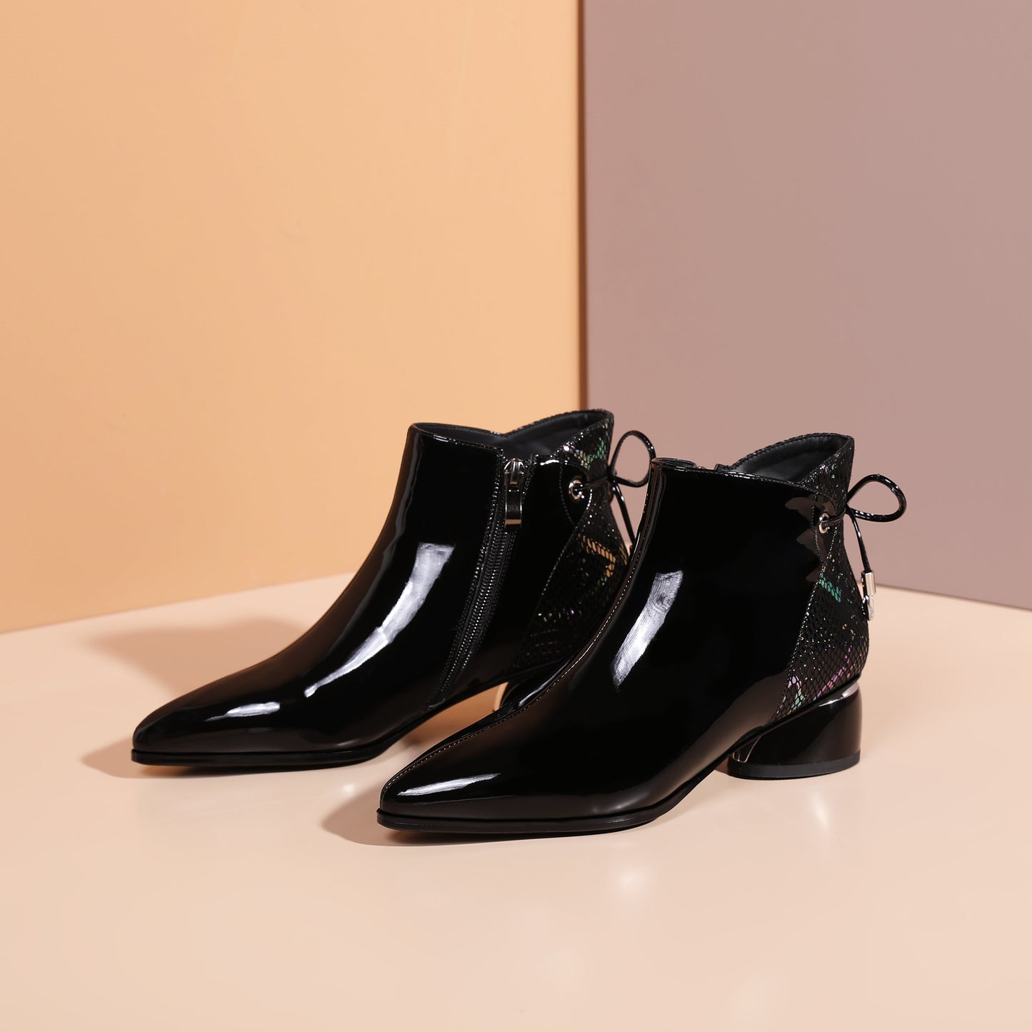 Nine Seven Patent Leather Women's Handmade Comfortable Block Heel Side Zip Up Pointed Toe Cute Bowtie Ankle Booties