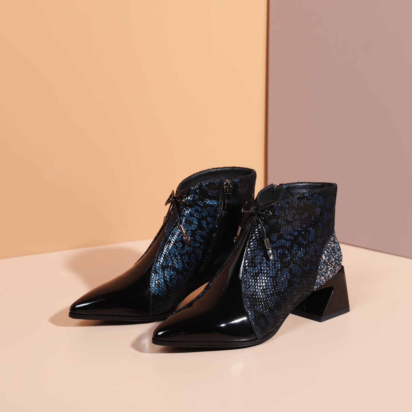 Nine Seven Women's Handmade Leather Assorted Color Side Zip Up Spool Heel Mesh Hollow Bowktie Ankle Boots