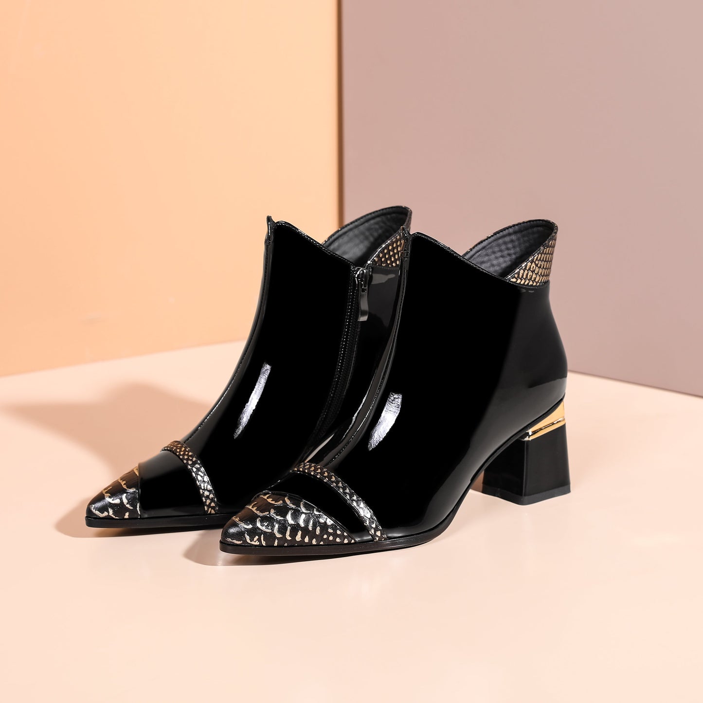 Nine Seven Glossy Patent Leather Women's Handmade Block Heel Pointed Toe Side Zip Up Snakeskin Ankle Dressy Boots