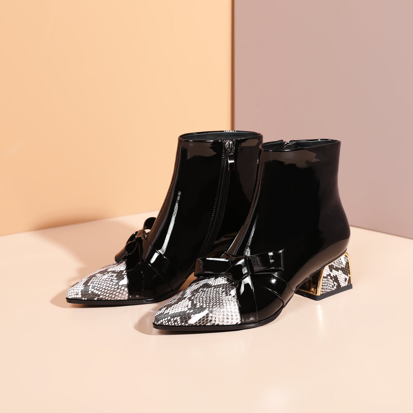 Nine Seven Women's Handmade Glossy Patent Leather Side Zip Up Comfort Chunky Heel Bowknot Design Snakeskin Ankle Booties