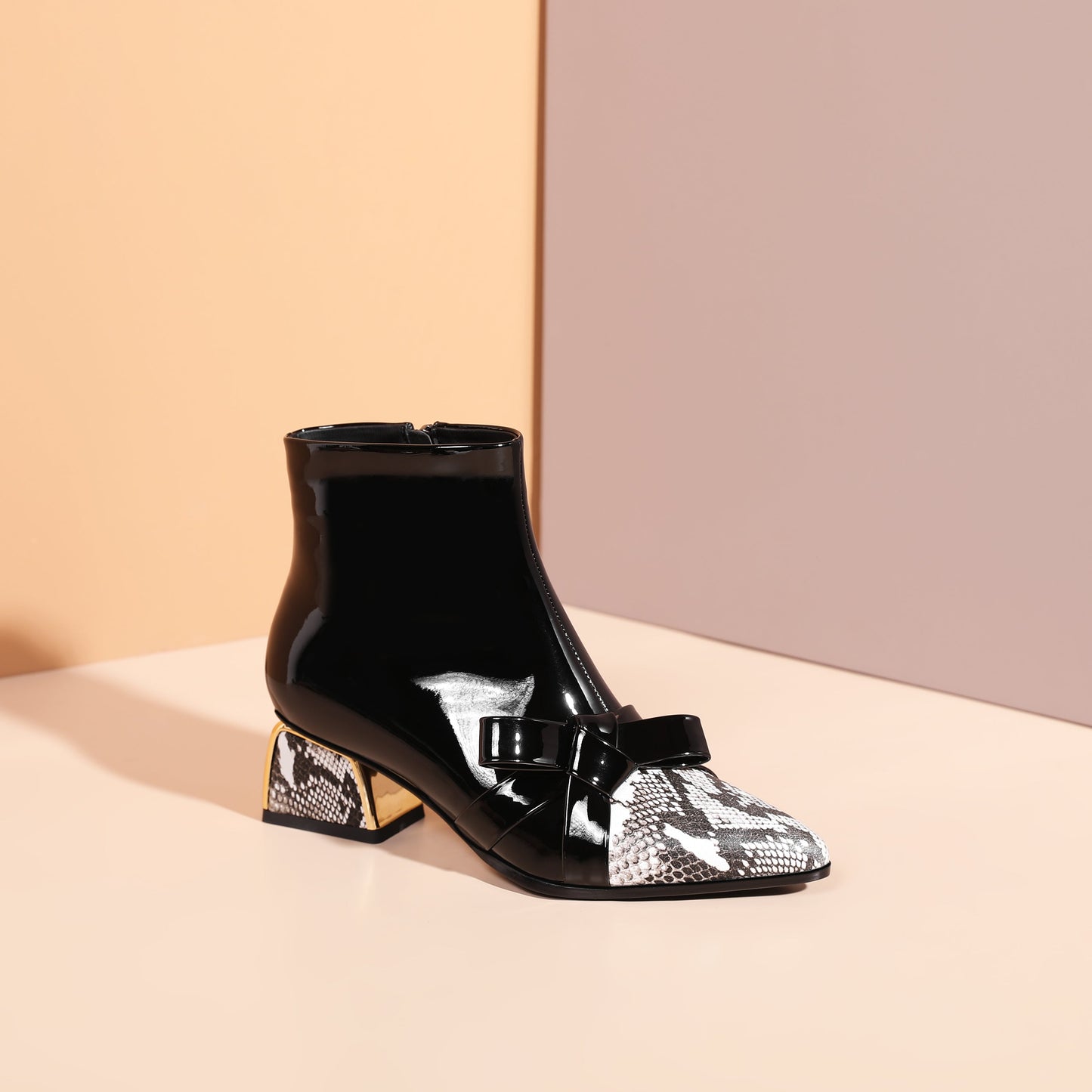 Nine Seven Women's Handmade Glossy Patent Leather Side Zip Up Comfort Chunky Heel Bowknot Design Snakeskin Ankle Booties