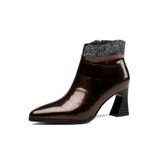 Nine Seven Handmade Women's Patent Leather Glittering Plaid Printed Pointed Toe Side Zipper Mid Block Heel Ankle Boots