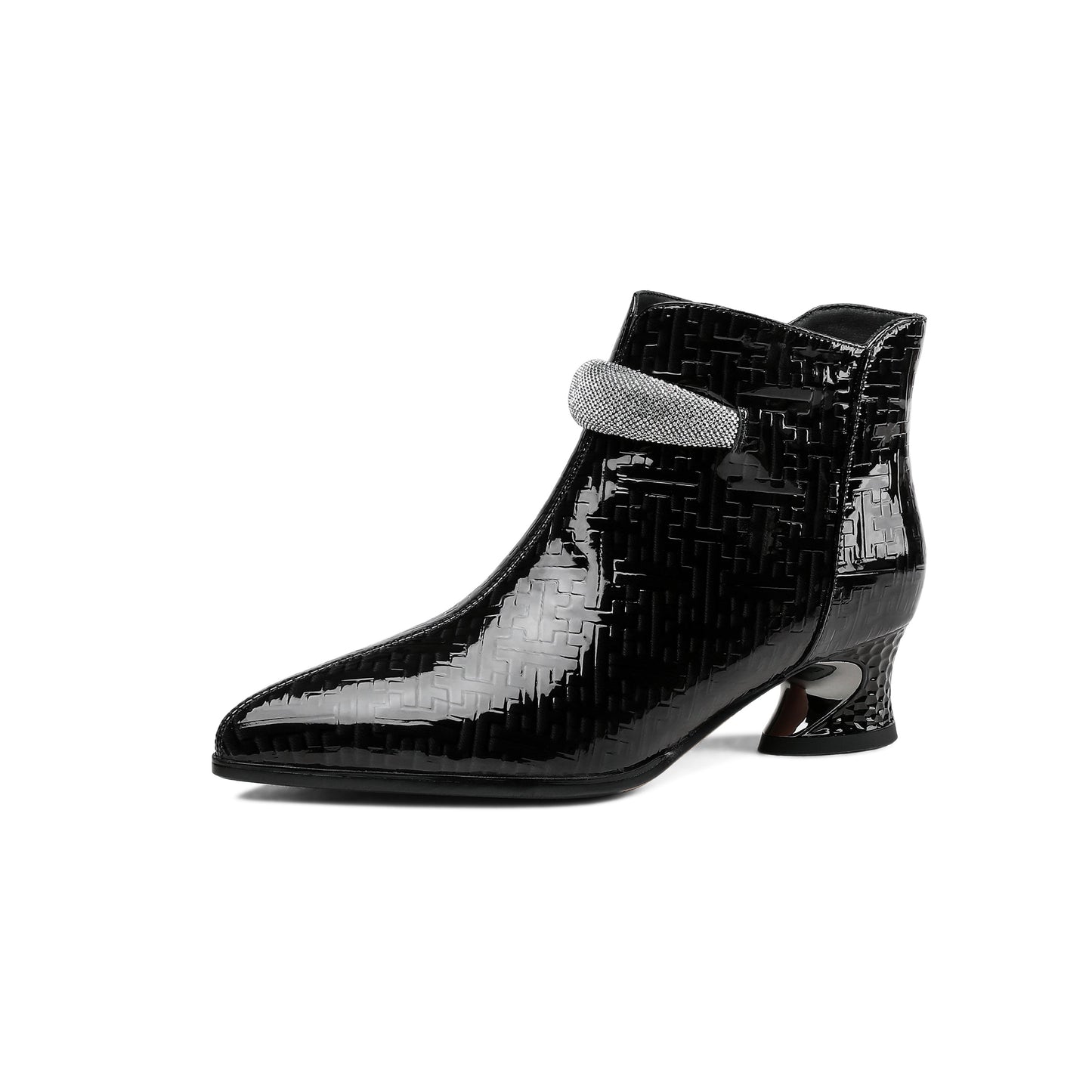 Nine Seven Women's Pointed Toe Glossy Patent Leather Handmade Zipper Low Chunky Heels Casual Ankle Boots