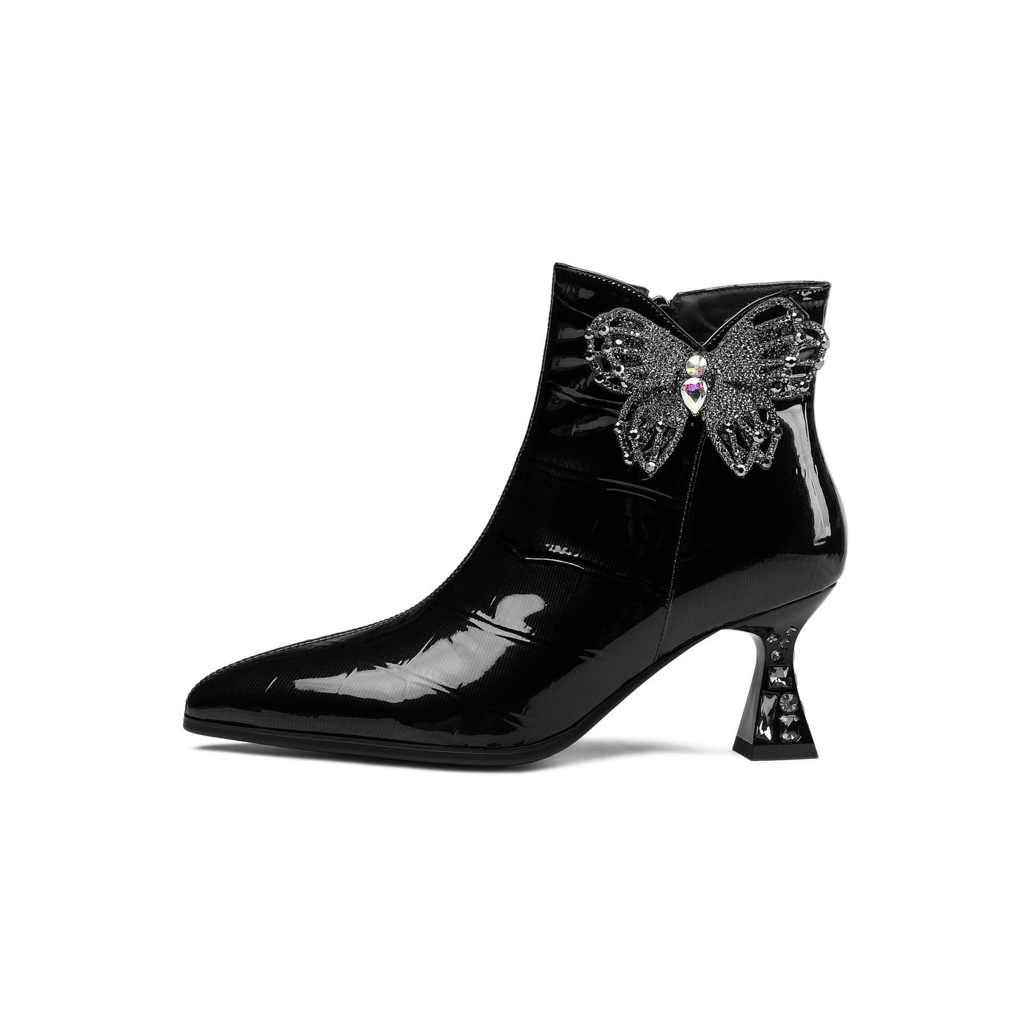 Nine Seven Women's Pointed Toe Glossy Patent Leather Handmade Butterfly Side Zipper Mid Heels Stylish Ankle Boots