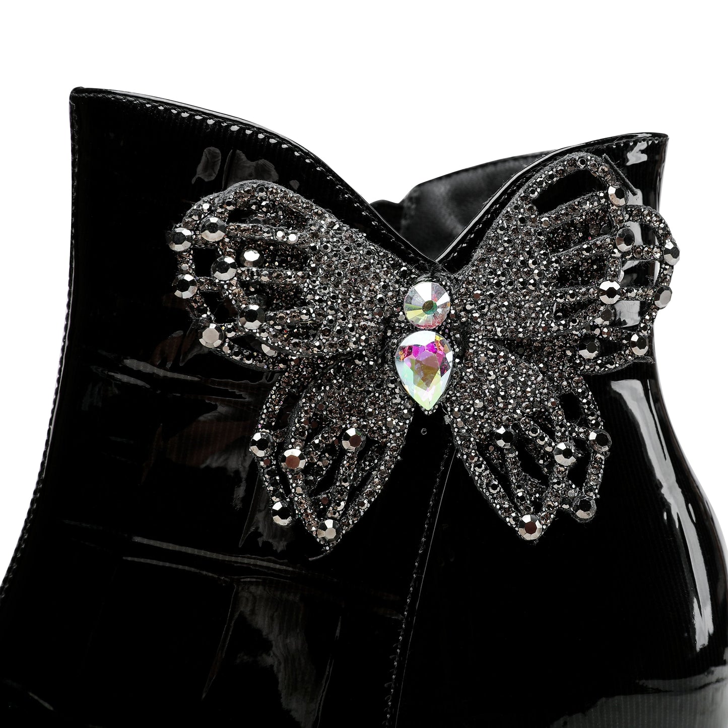 Nine Seven Women's Pointed Toe Glossy Patent Leather Handmade Butterfly Side Zipper Mid Heels Stylish Ankle Boots