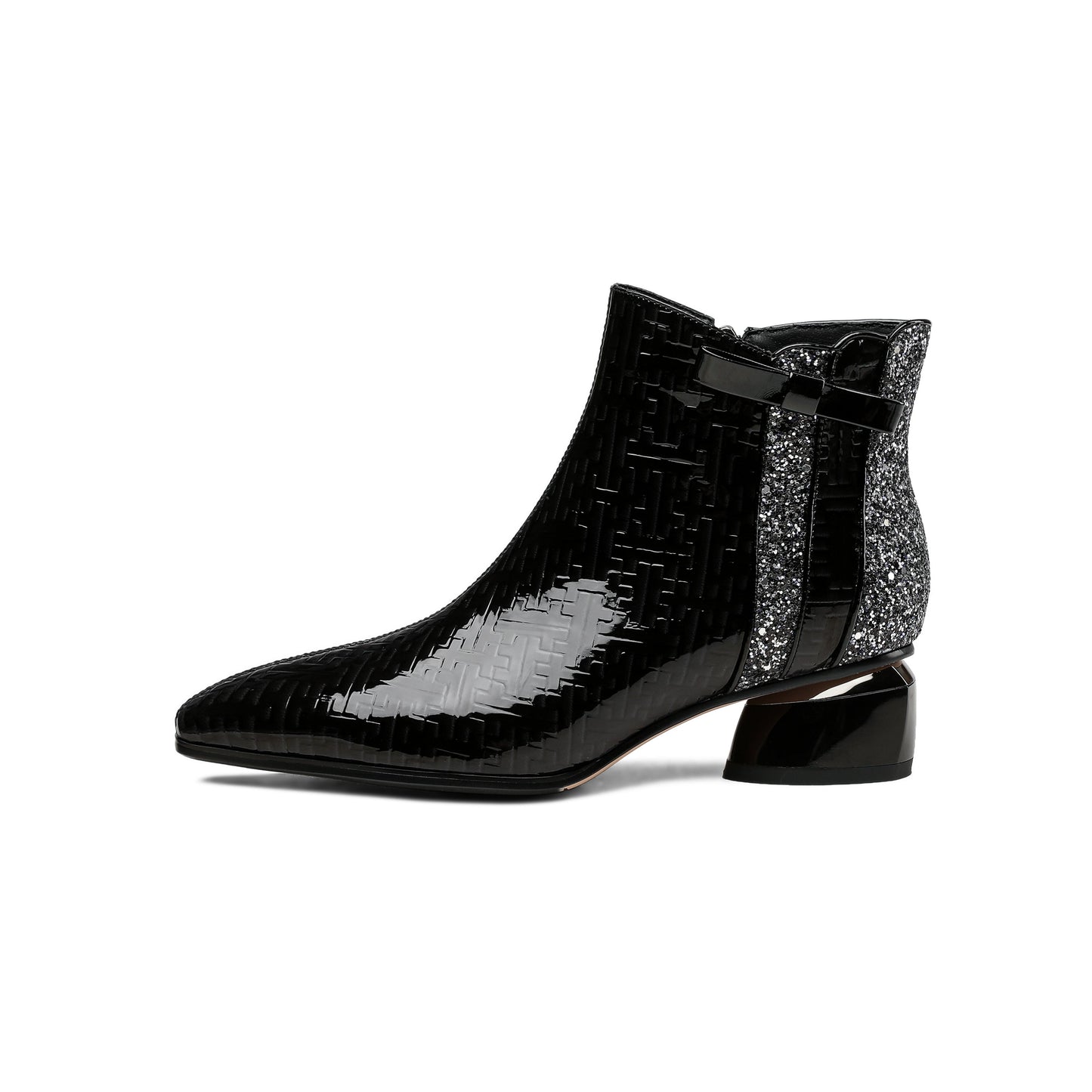 Nine Seven Women's Pointed Toe Patent Leather Handmade Side Zipper Low Chunky Heels Comfort Ankle Boots