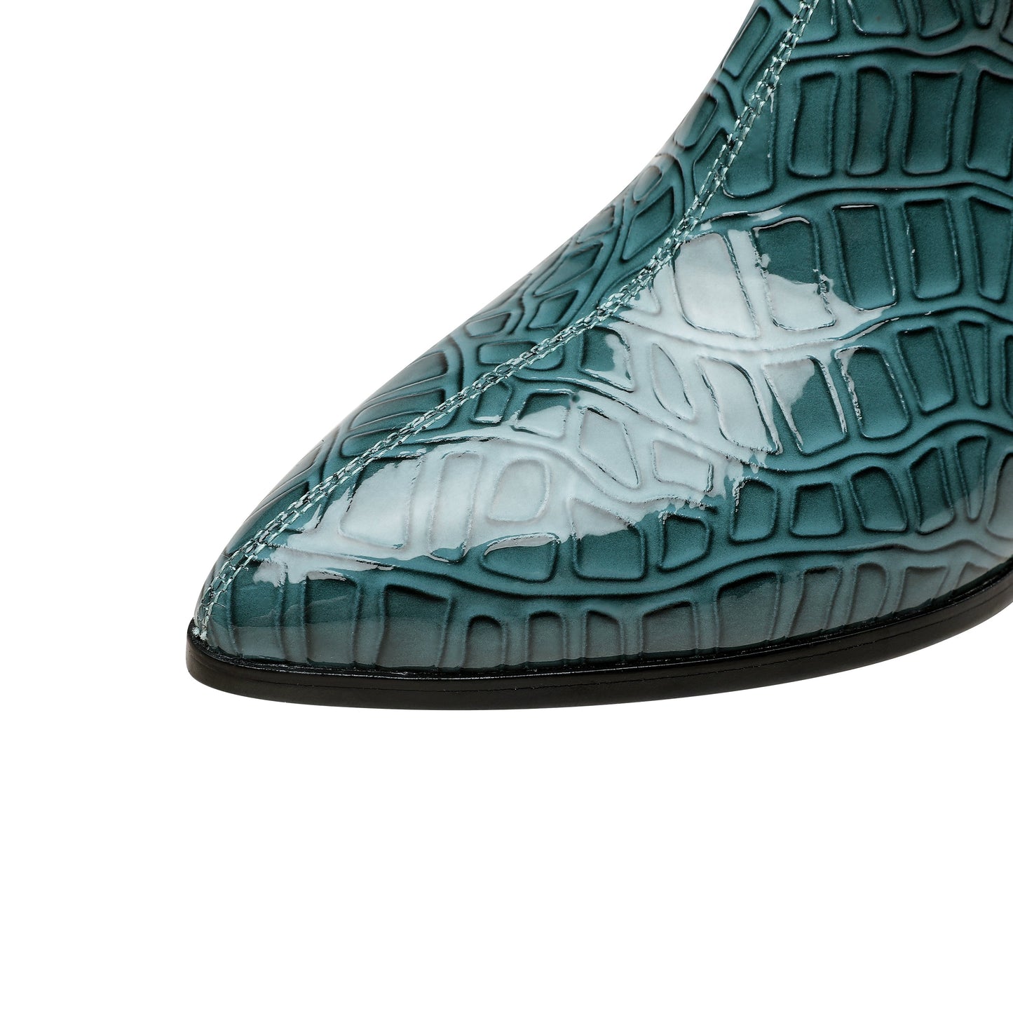 Nine Seven Handmade Women's Patent Leather Patchwork Color Snakeskin Pointed Toe Side Zipper Mid Block Heel Ankle Boots Shoes