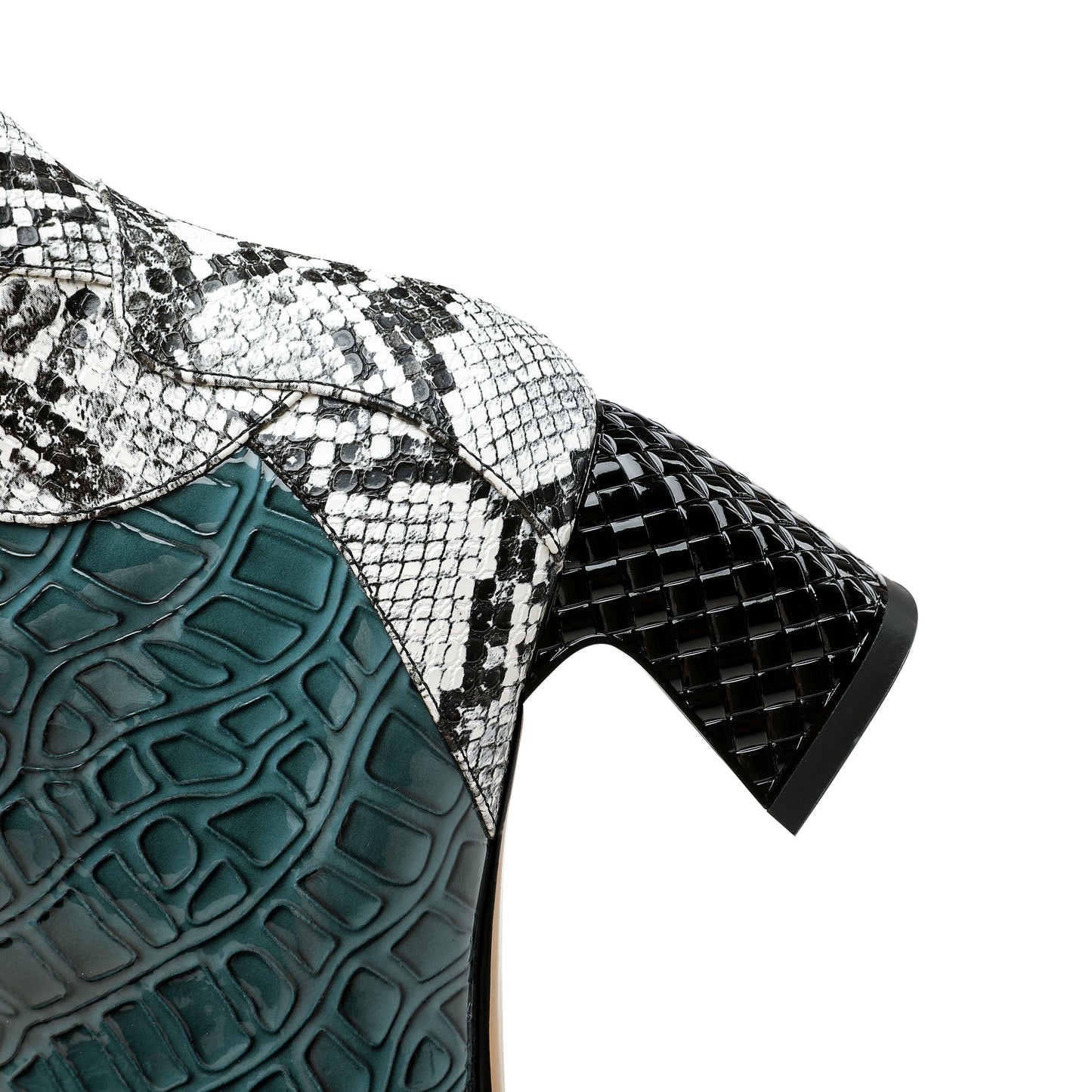 Nine Seven Handmade Women's Patent Leather Patchwork Color Snakeskin Pointed Toe Side Zipper Mid Block Heel Ankle Boots Shoes