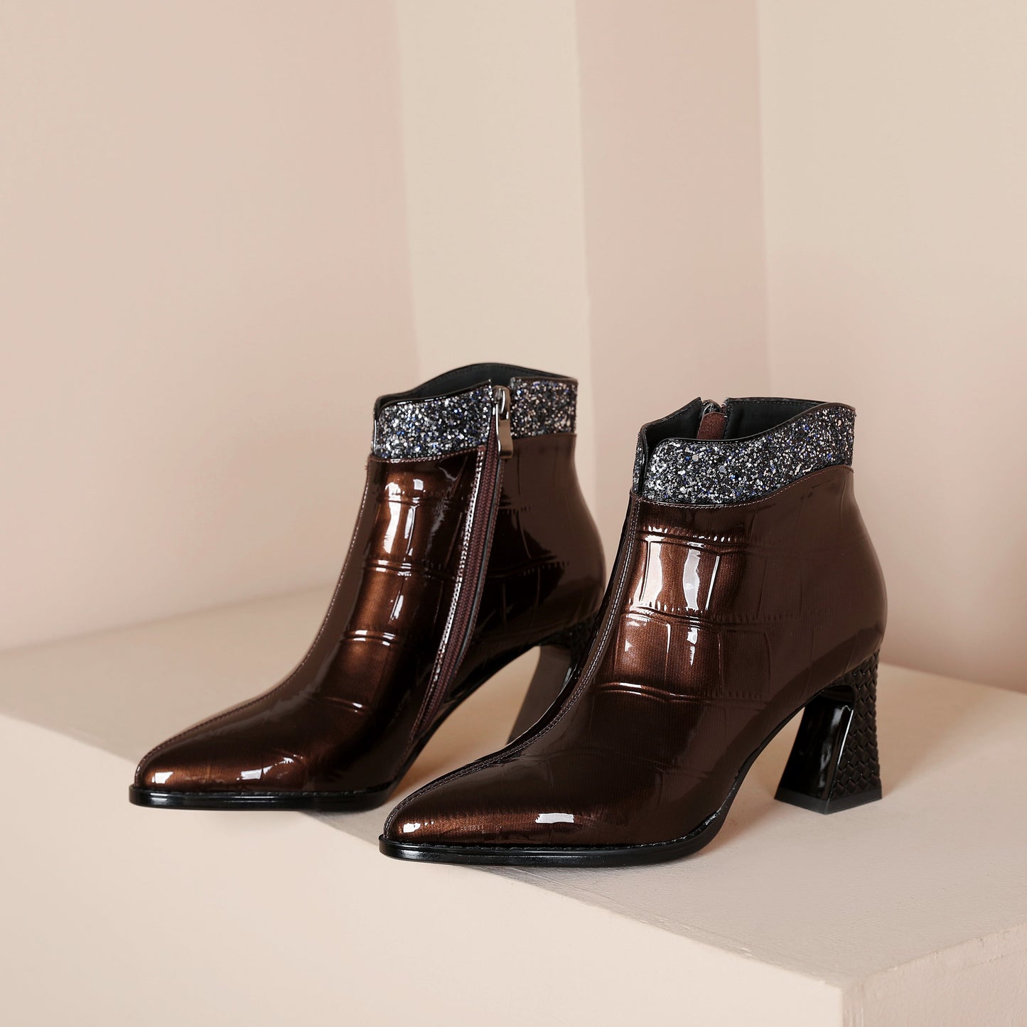 Nine Seven Handmade Women's Patent Leather Glittering Plaid Printed Pointed Toe Side Zipper Mid Block Heel Ankle Boots